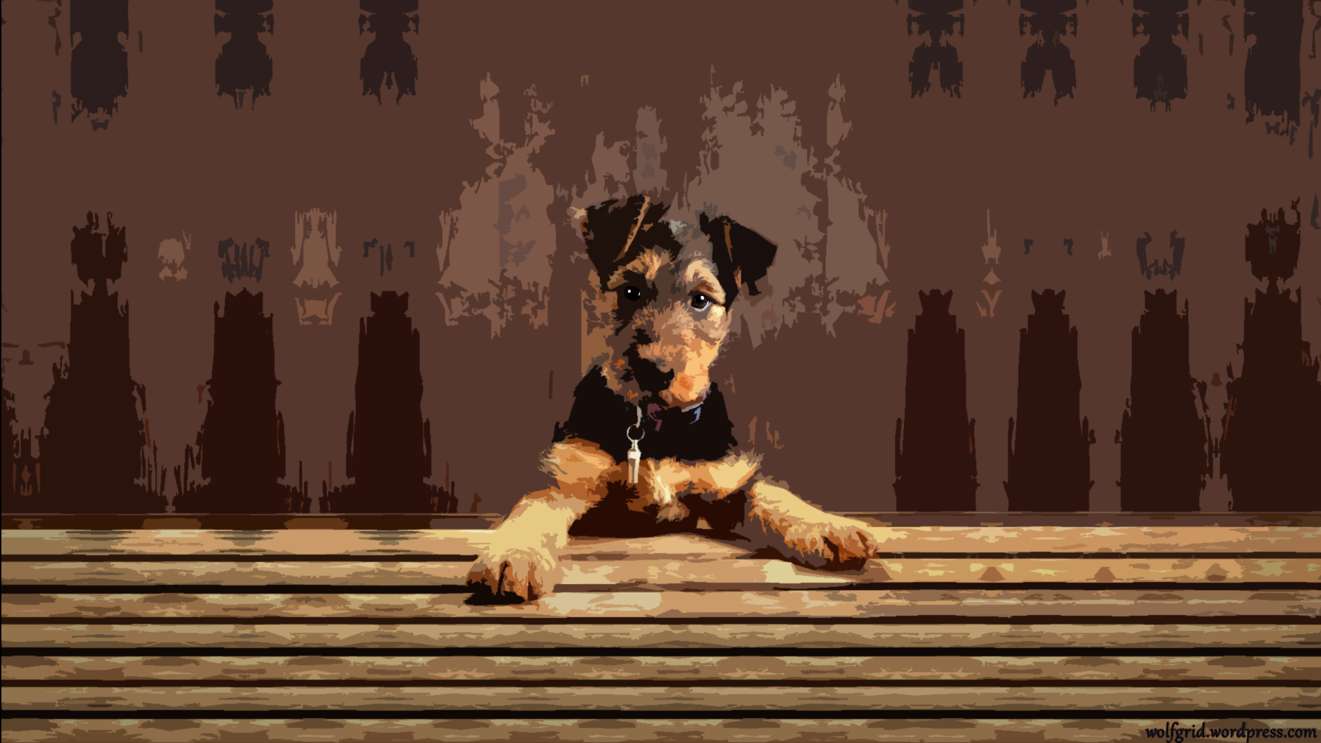 Airedale Terrier puppy on a wooden bench HD Wallpaper