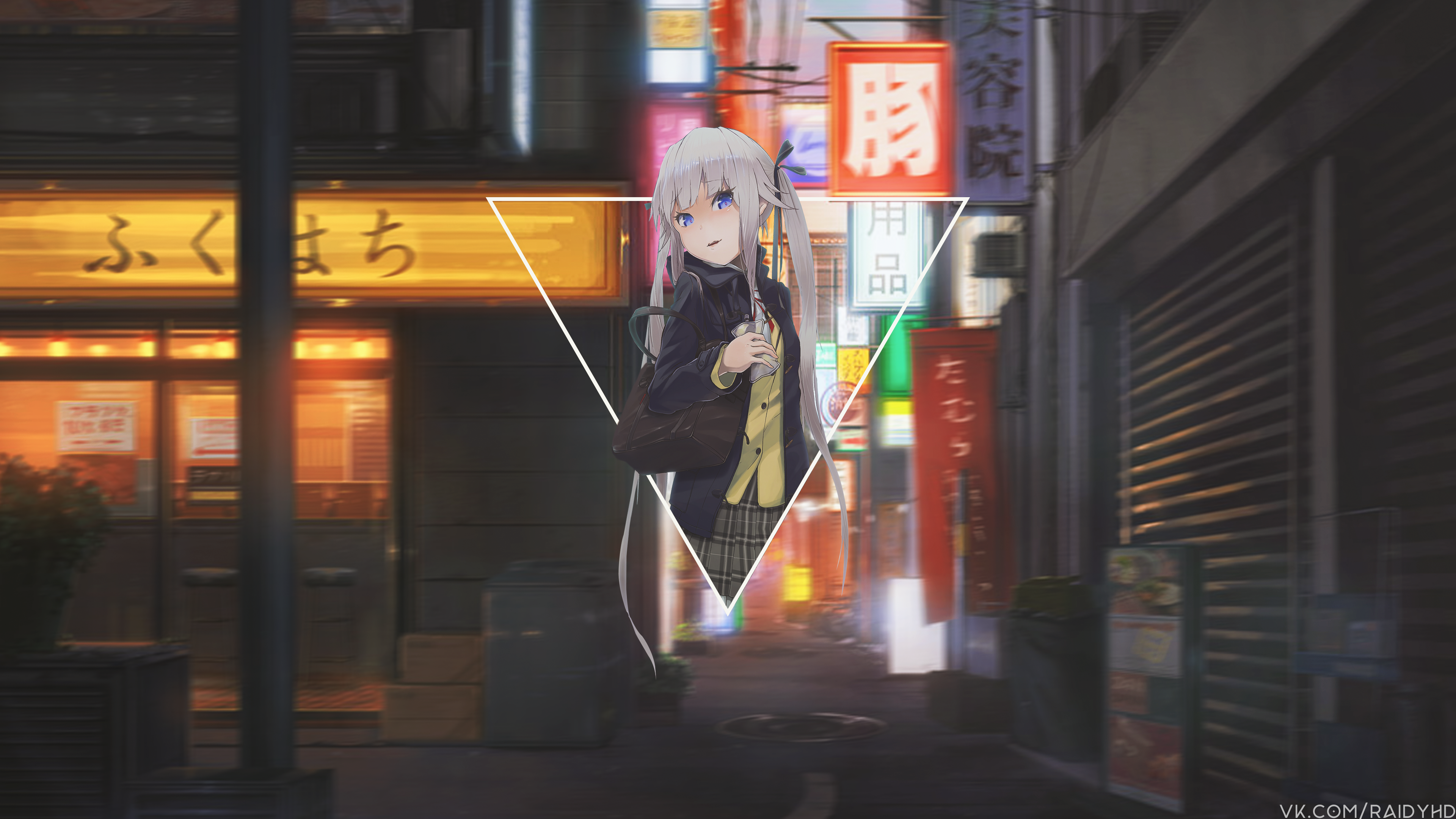 Anime girl with long hair in a city at night HD Wallpaper