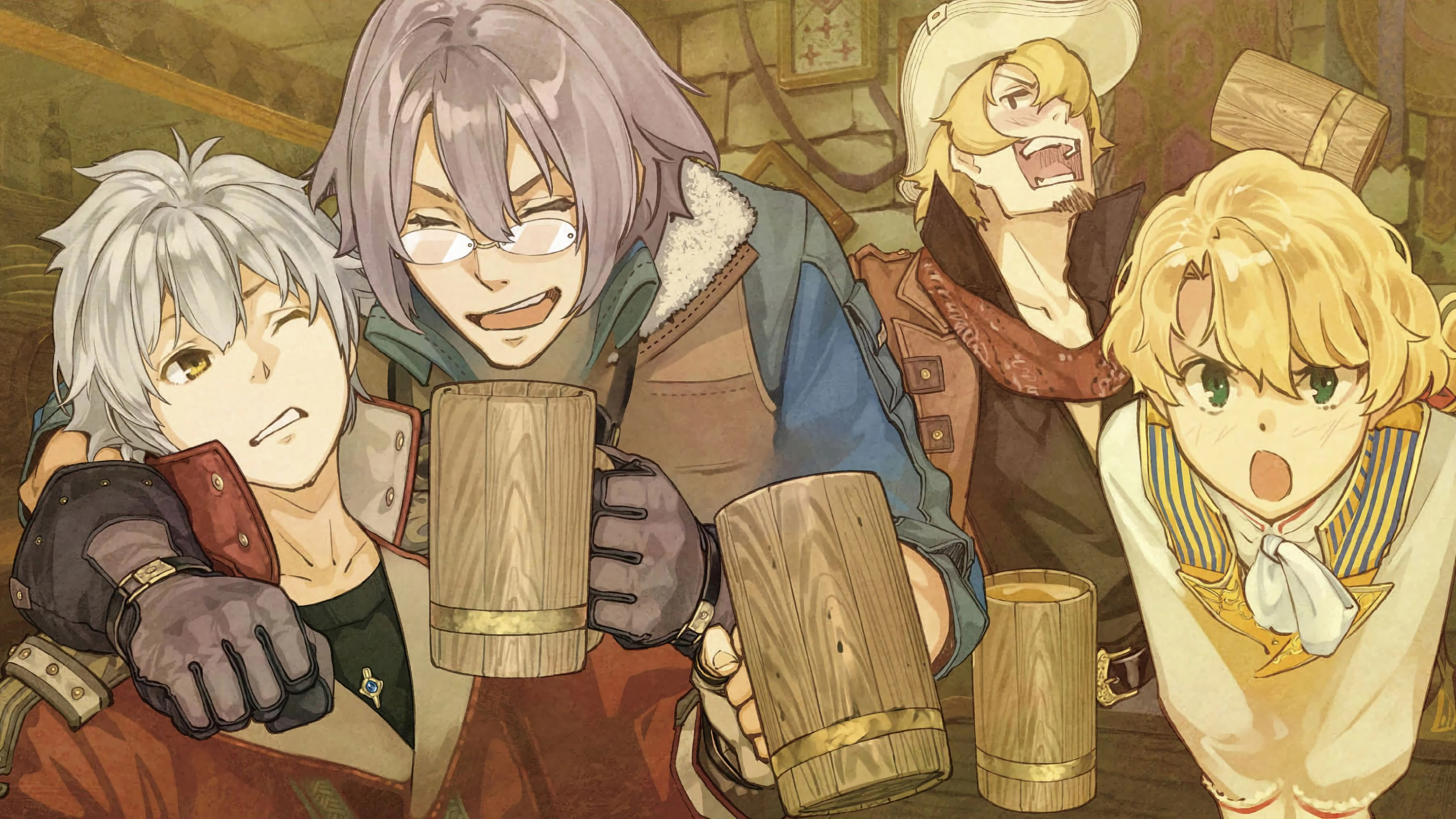 Four young men toasting with mugs in a tavern HD Wallpaper