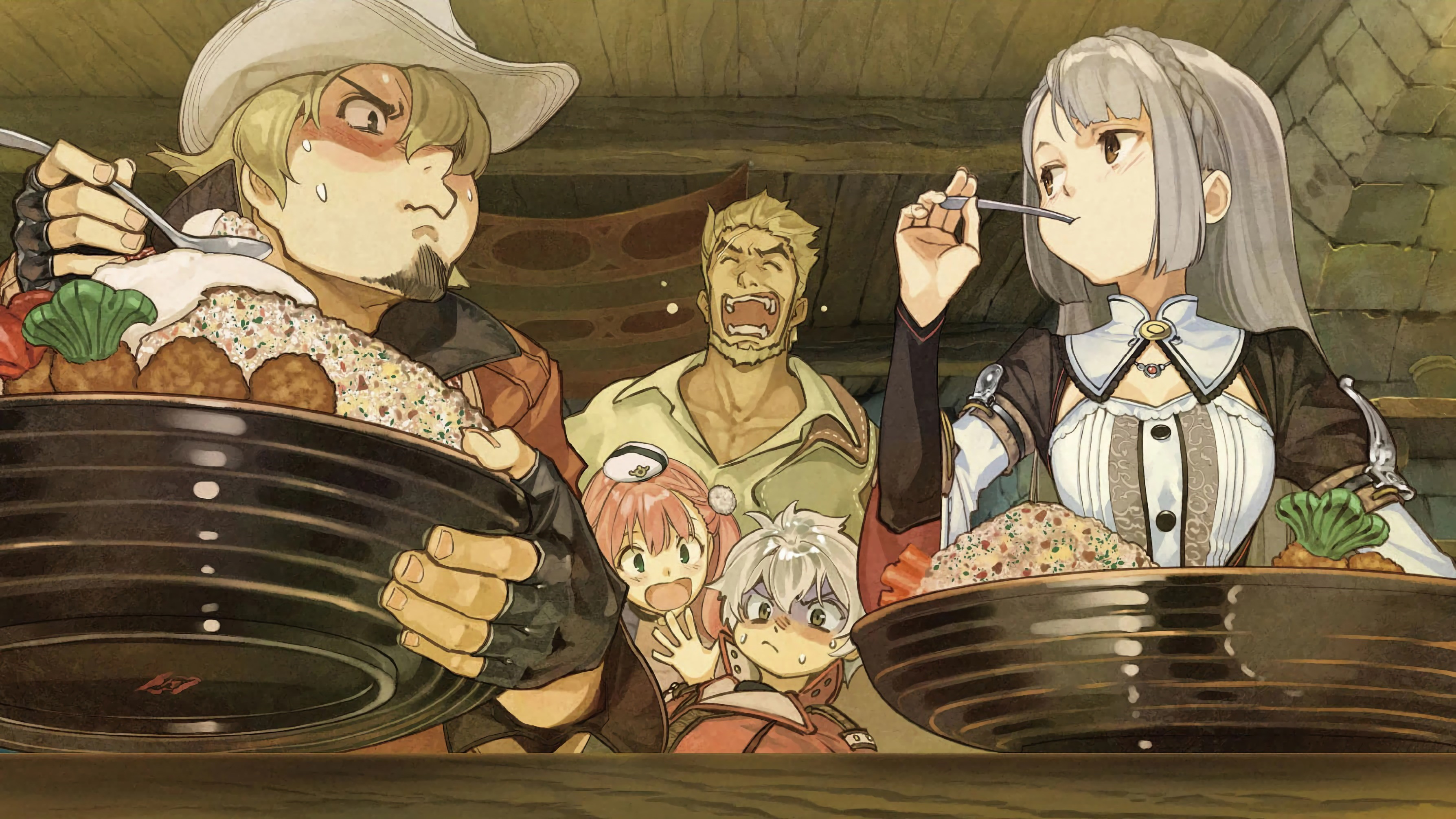 Atelier Escha & Logy: Alchemists of the Dusk Sky characters eating large meals HD Wallpaper