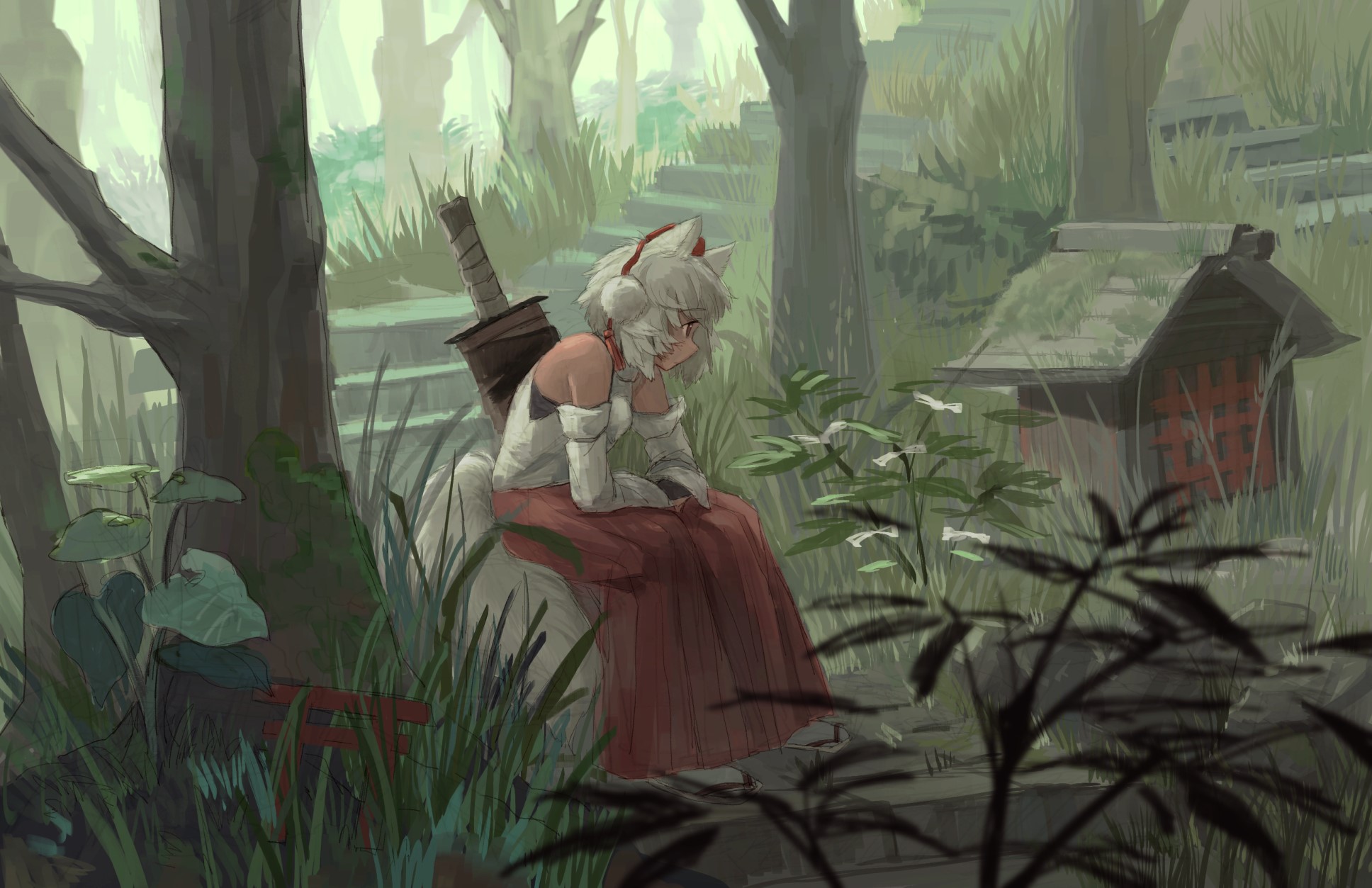Inubashiri Momiji from Touhou sitting in a forest HD Wallpaper
