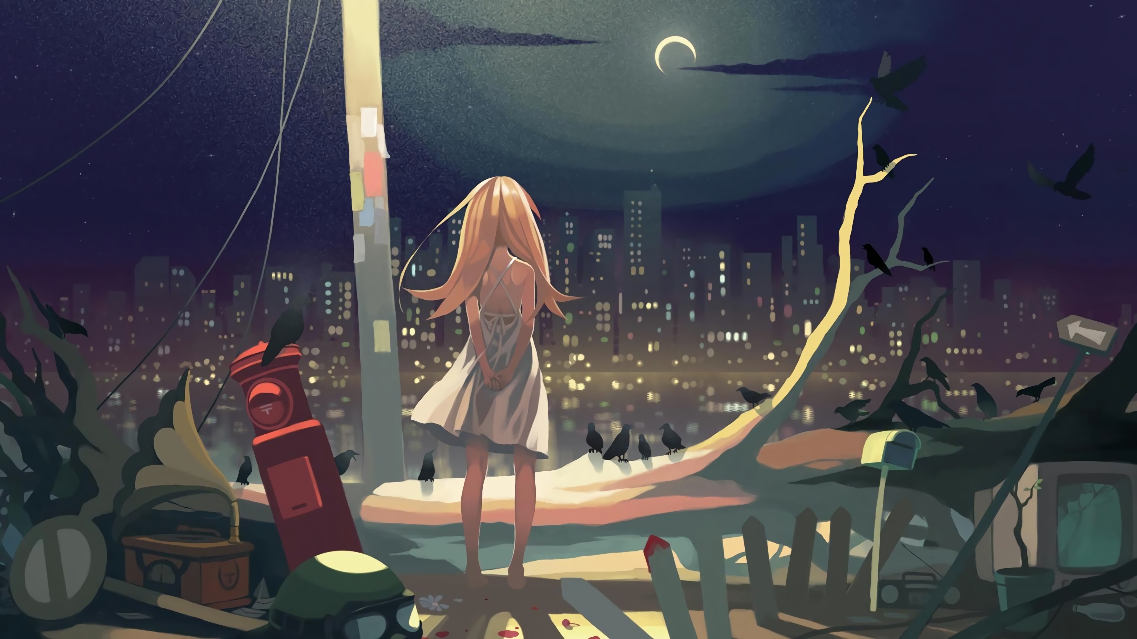 Oshino Shinobu from Monogatari Series at Night HD Wallpaper