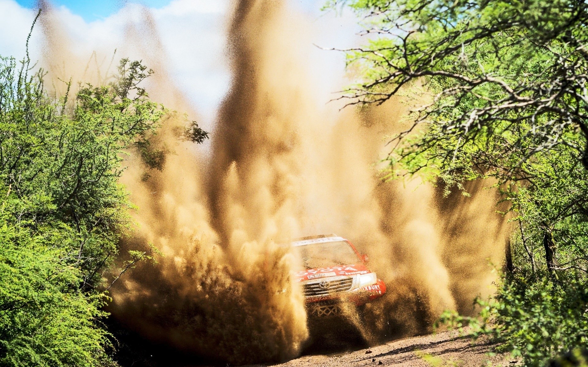 Red Toyota rally car kicking up dust on a dirt road HD Wallpaper
