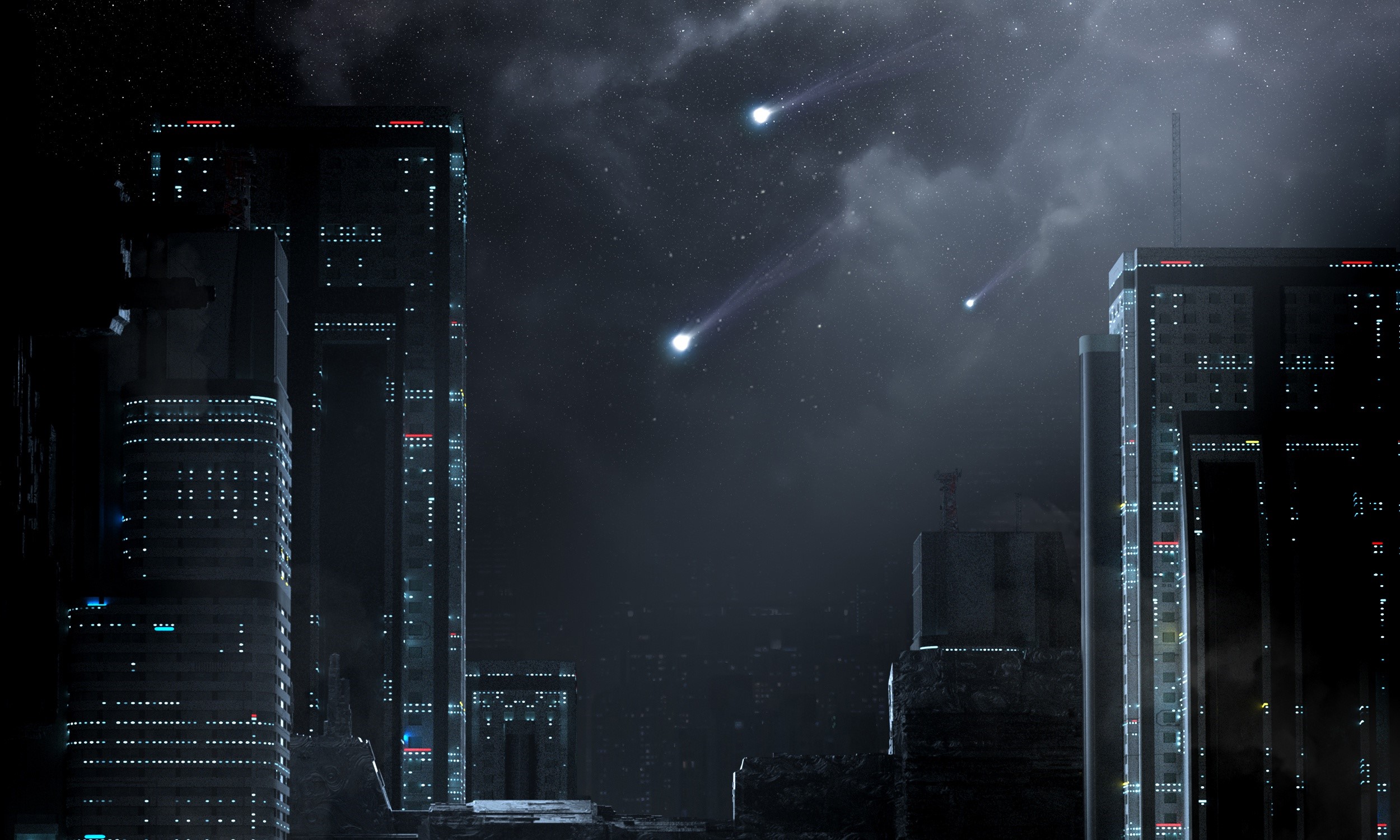 Futuristic cityscape at night with falling stars HD Wallpaper
