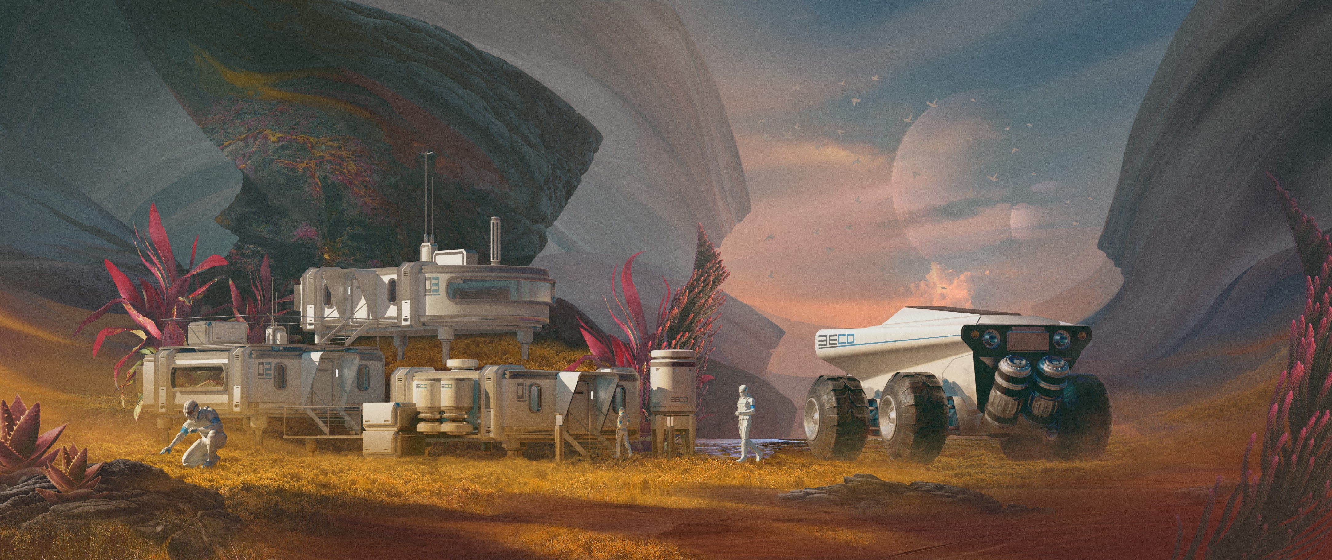 Astronauts on an alien planet with a rover HD Wallpaper