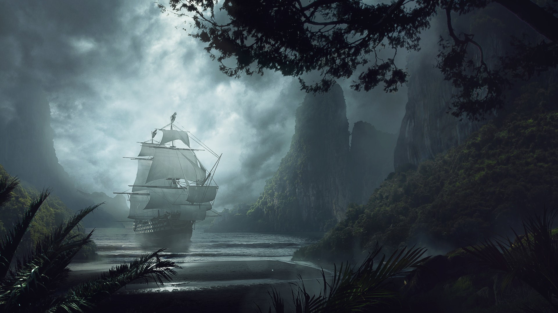 Sailing ship in a misty bay with jungle-covered mountains HD Wallpaper