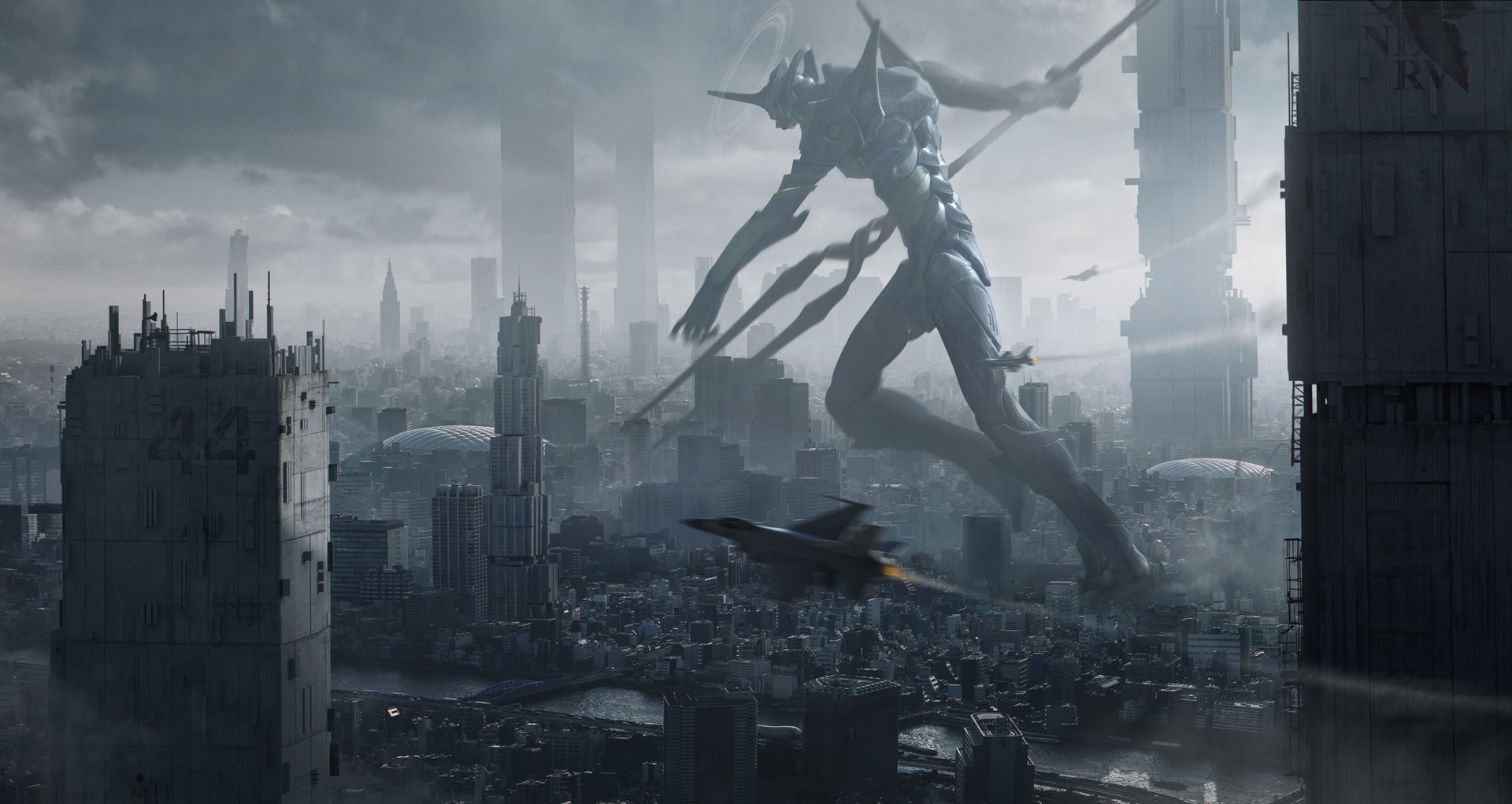 Giant Evangelion Unit in Futuristic City with Jet Fighter HD Wallpaper