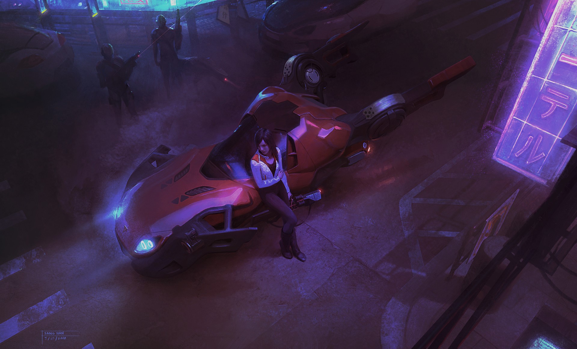 Woman sitting on a futuristic motorcycle in a cyberpunk city HD Wallpaper