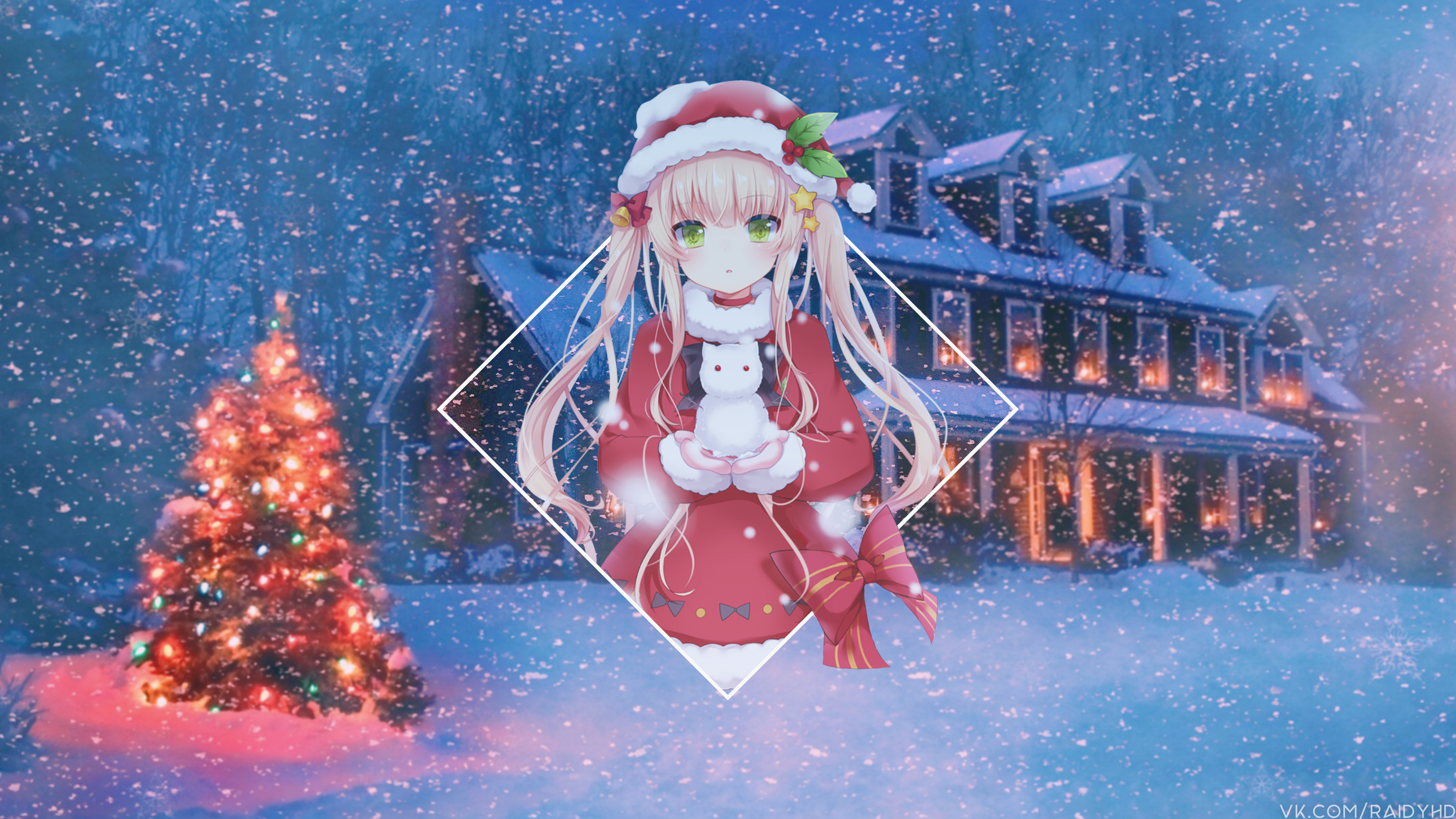 Anime girl in Santa hat with snowman, Christmas tree and house HD Wallpaper