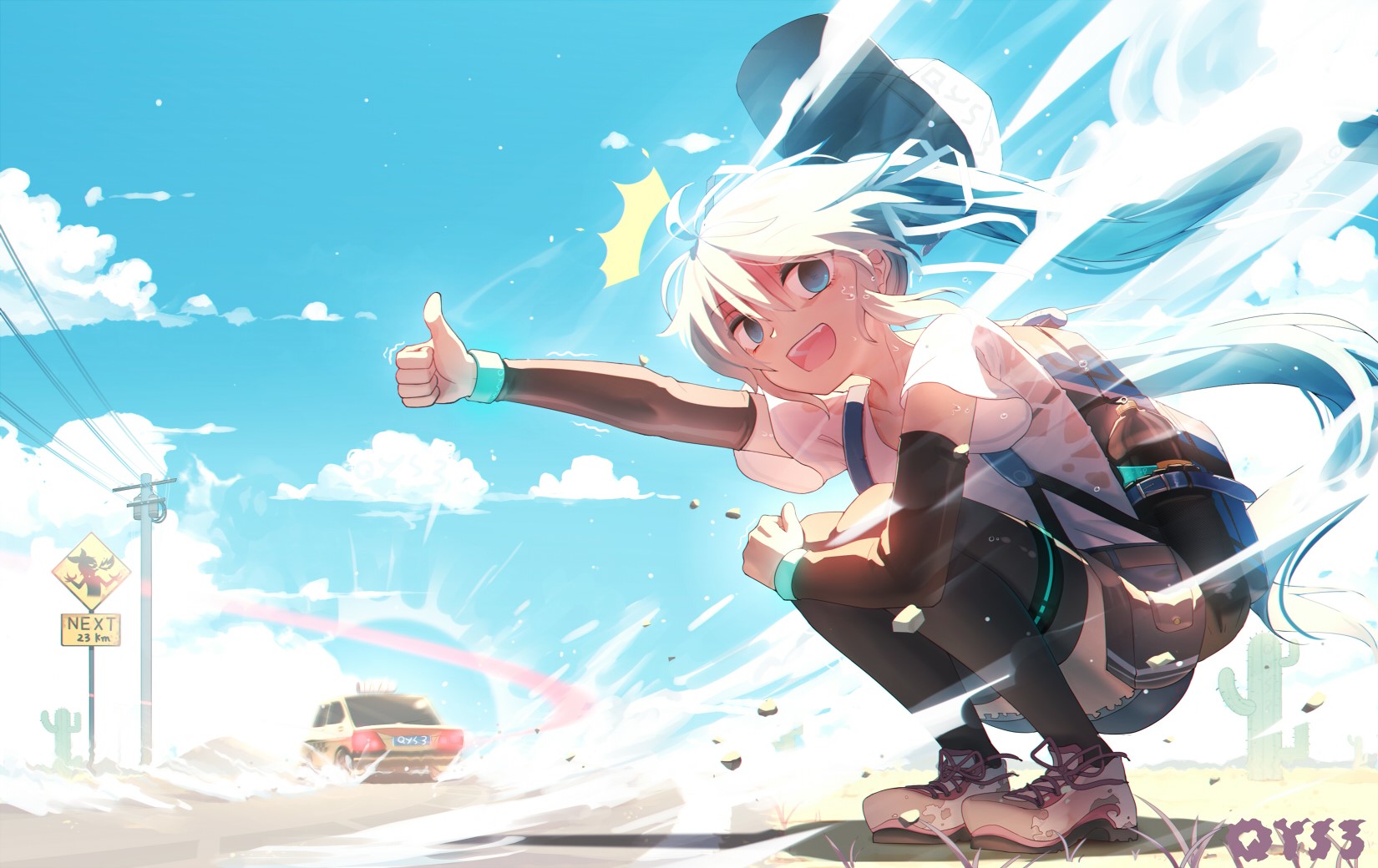 Hatsune Miku hitchhiking by the road HD Wallpaper