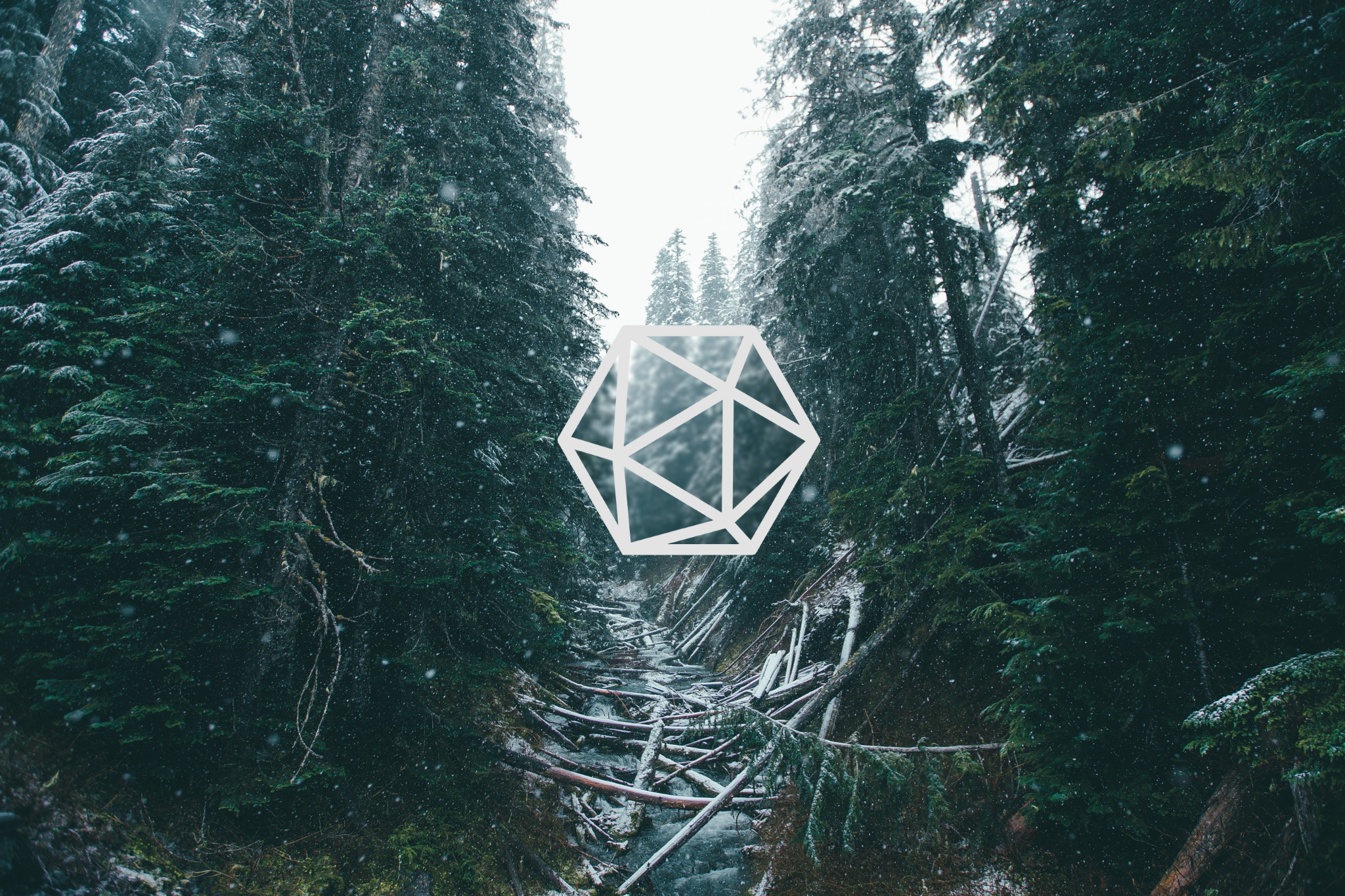 Geometric shape over snowy forest stream HD Wallpaper
