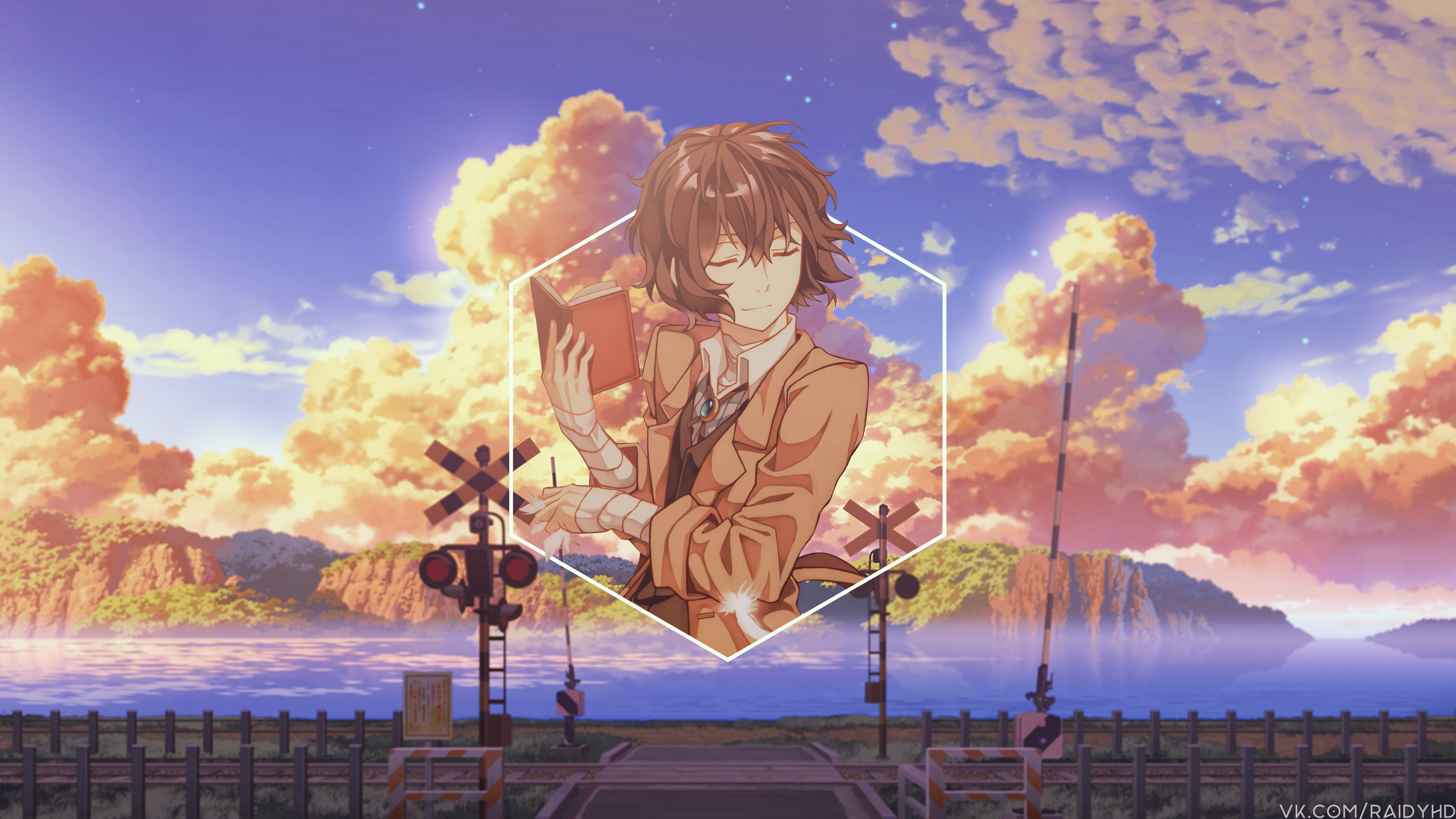 Anime character reading a book with a sunset sky HD Wallpaper