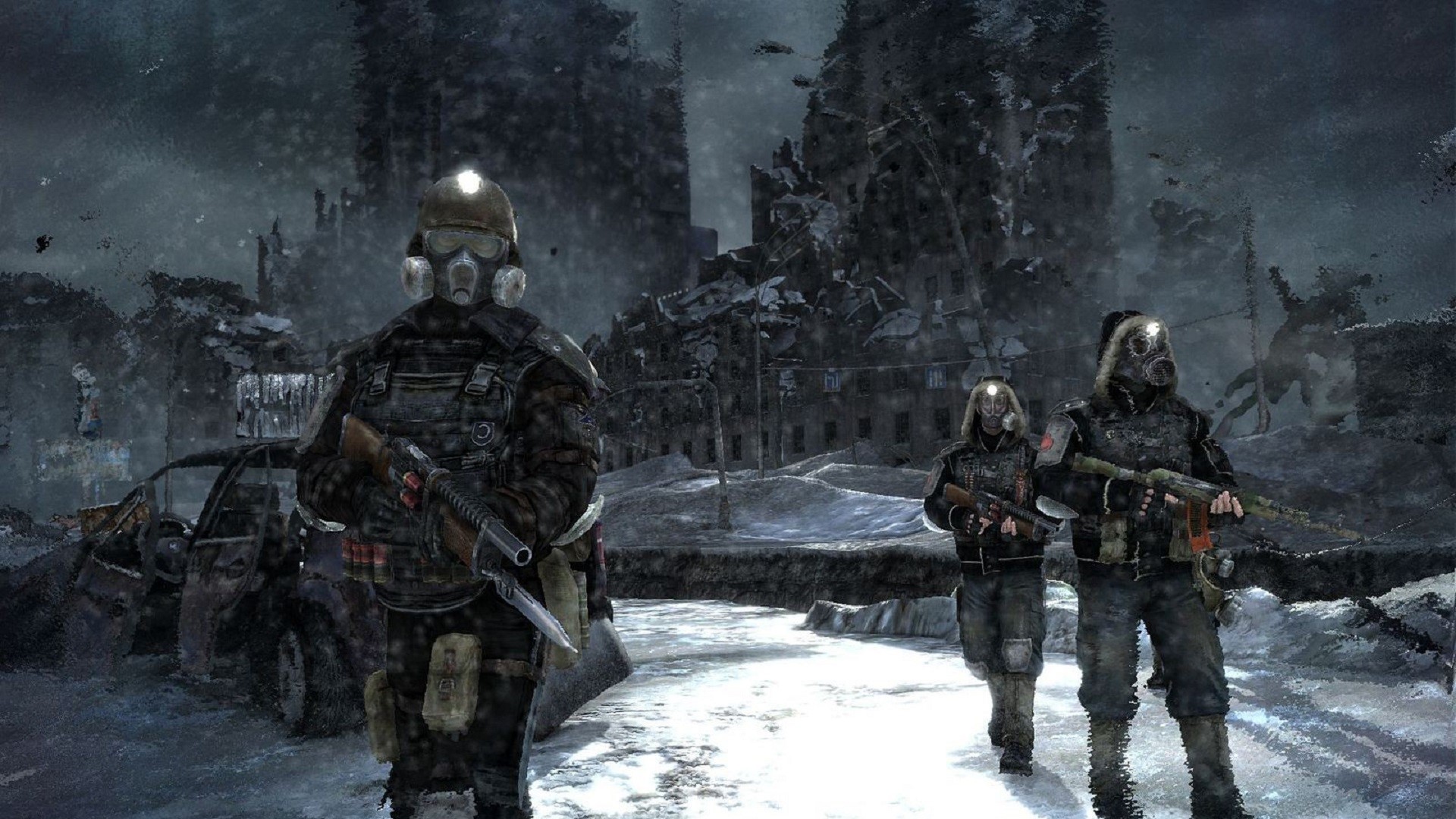 Soldiers in gas masks in a ruined city HD Wallpaper