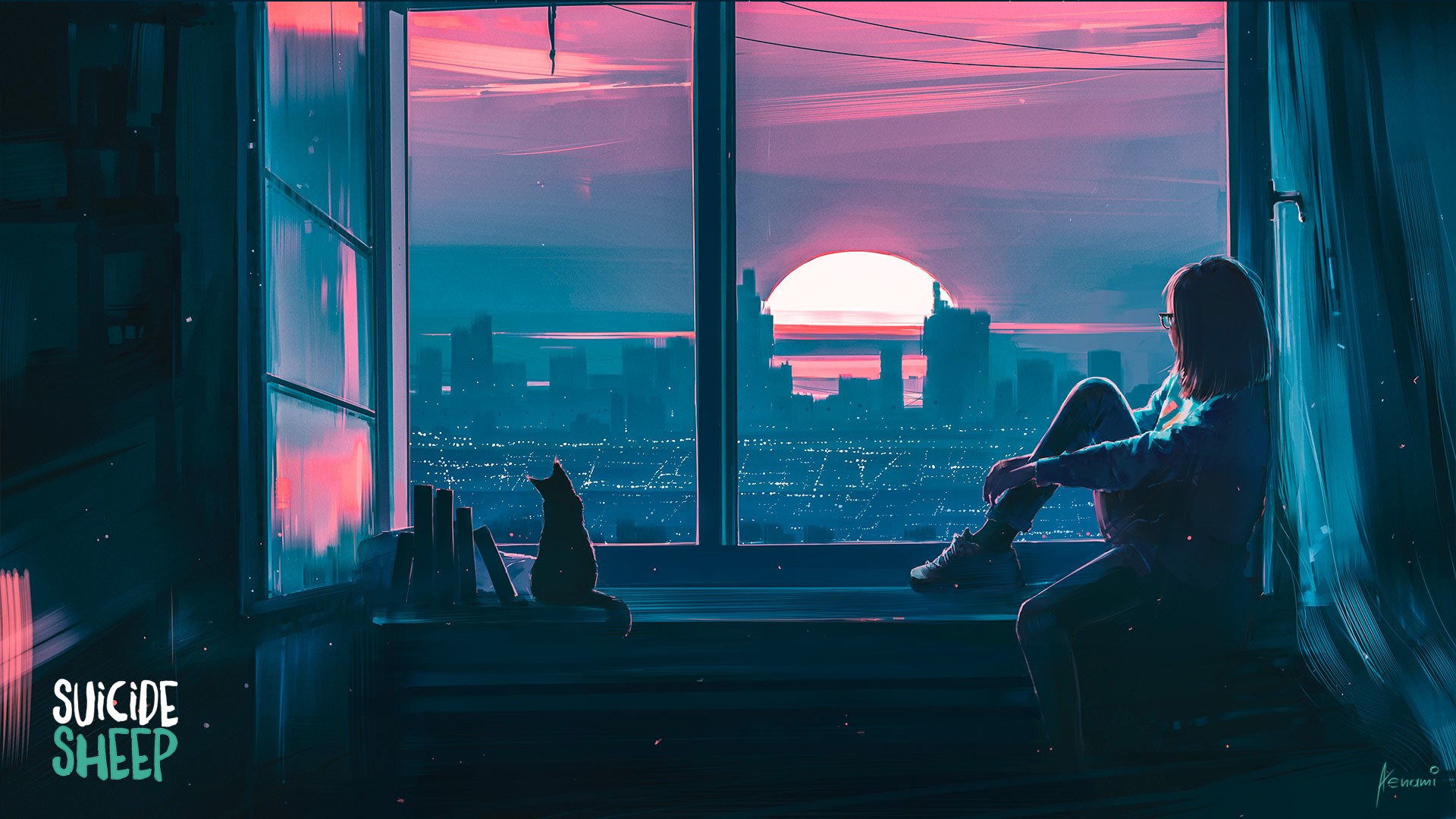 Woman and Cat Watching Sunset Over City from Window HD Wallpaper