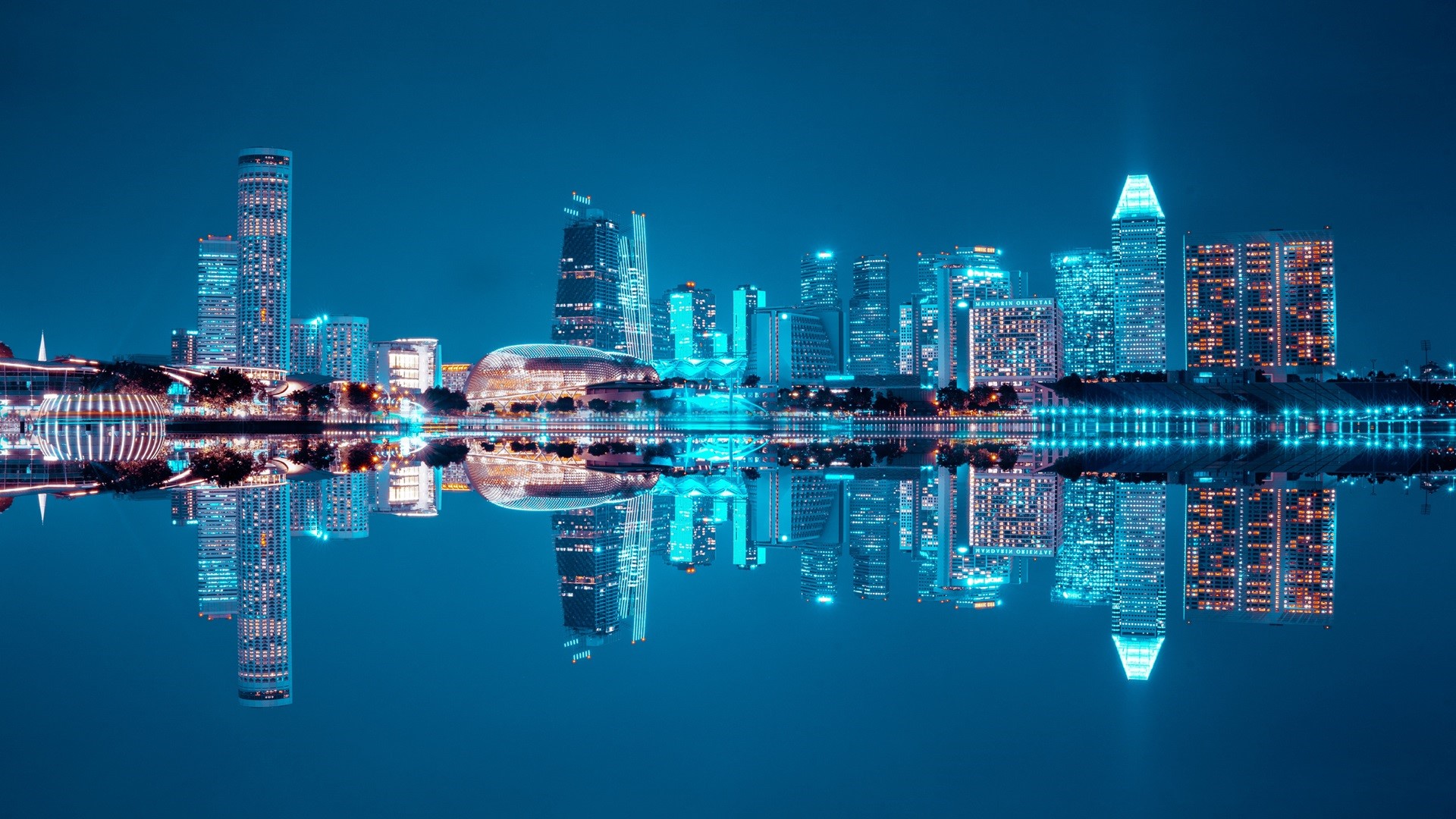 Cityscape reflection at night with blue lights HD Wallpaper