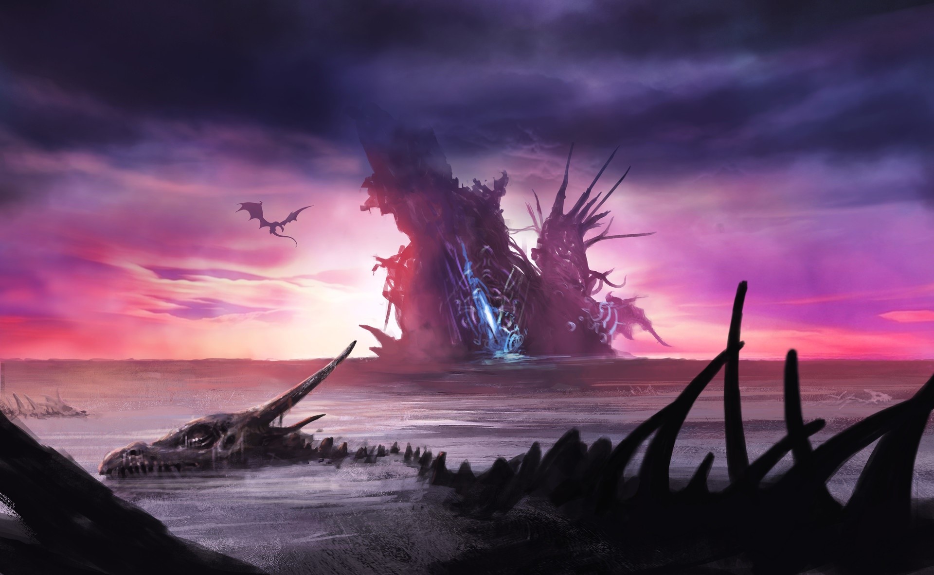 Fantasy art of dragons and dragon skulls at sunset HD Wallpaper