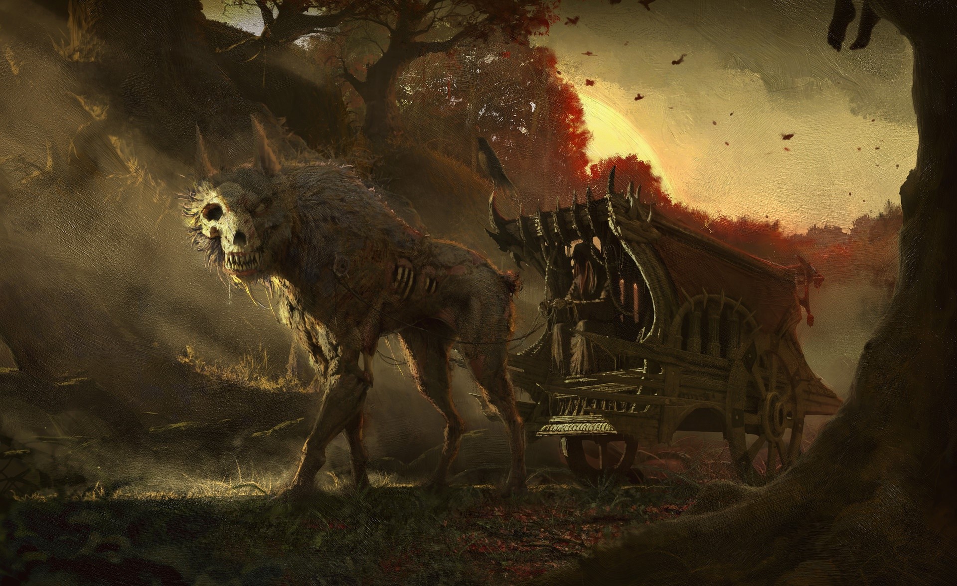 Undead wolf pulling a carriage in a dark forest HD Wallpaper