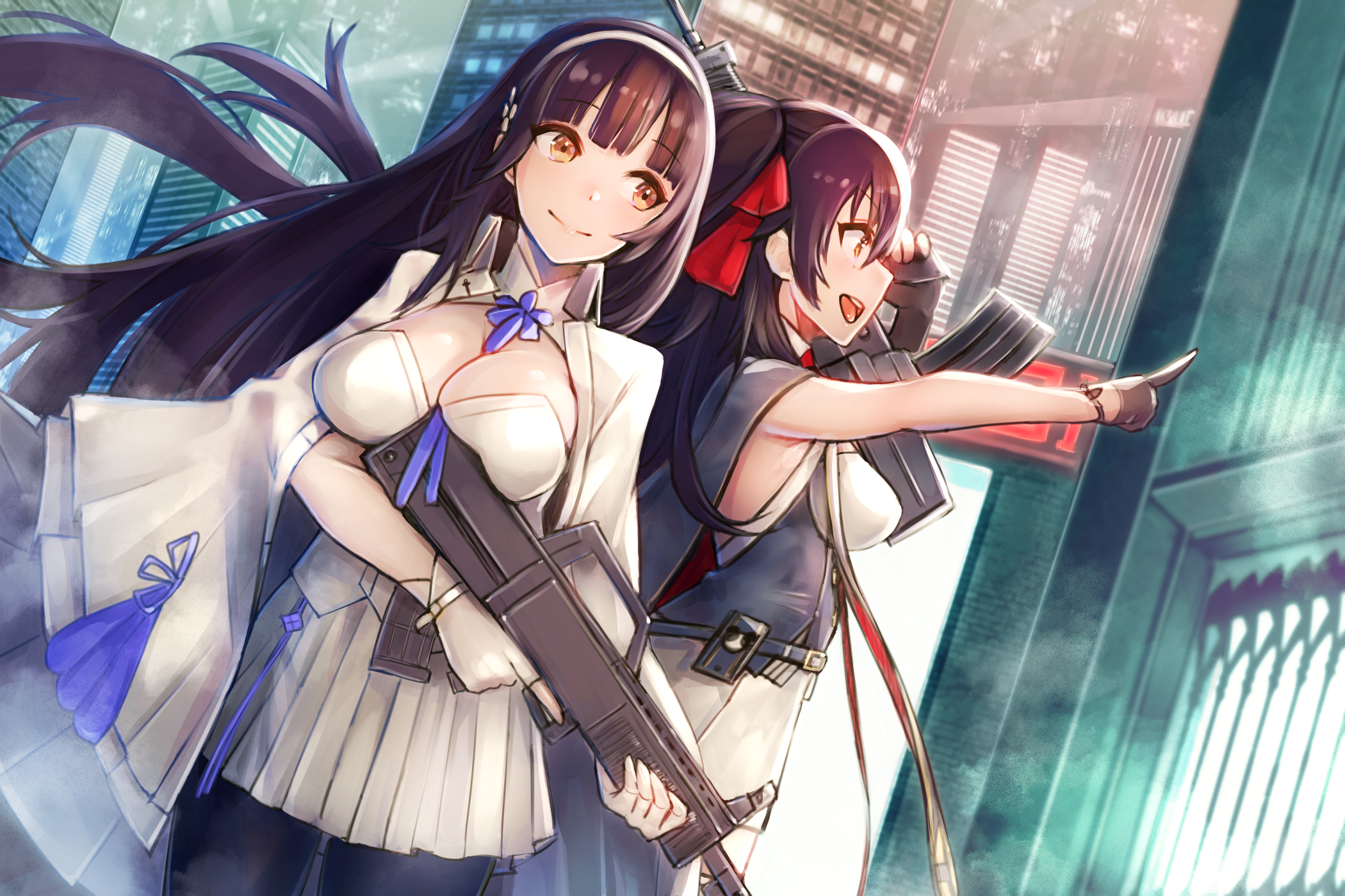 Two anime girls with guns in a city HD Wallpaper