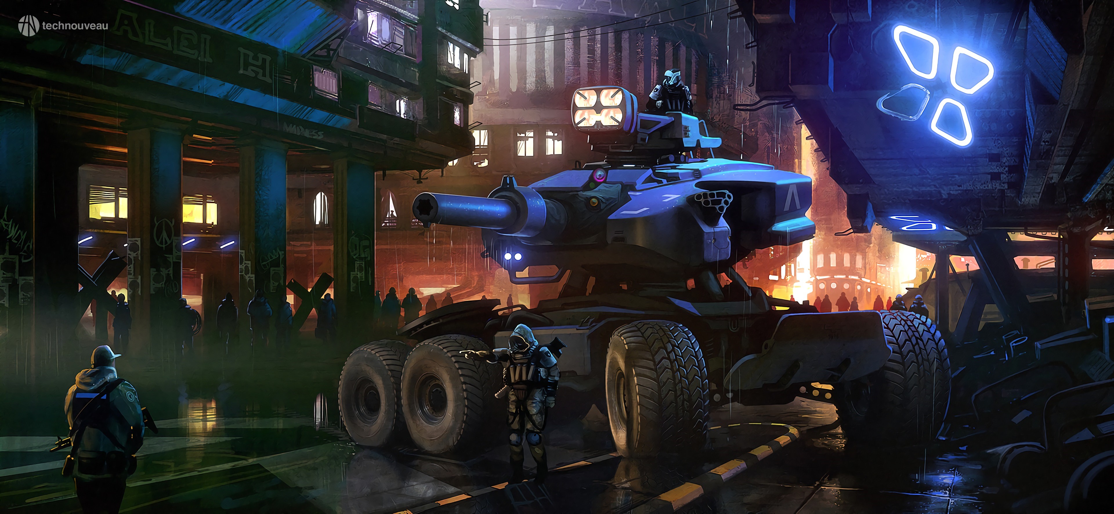 Science fiction artwork of a futuristic city with a tank HD Wallpaper