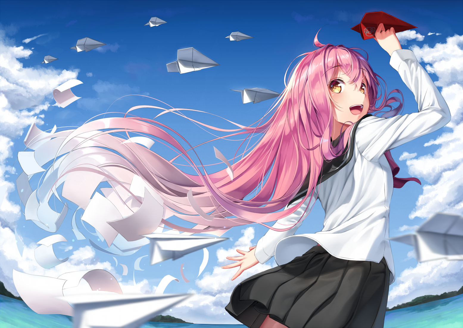 Anime girl with pink hair throwing paper planes HD Wallpaper