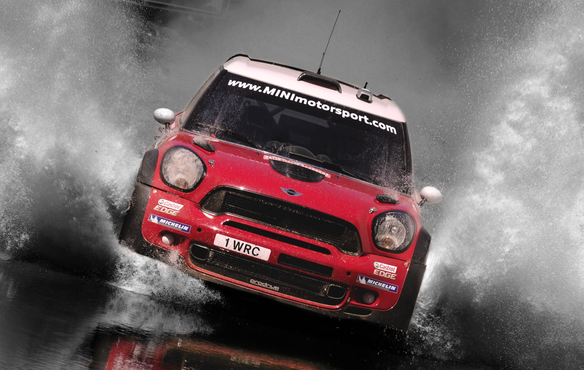 Red Mini Cooper WRC rally car driving through water HD Wallpaper
