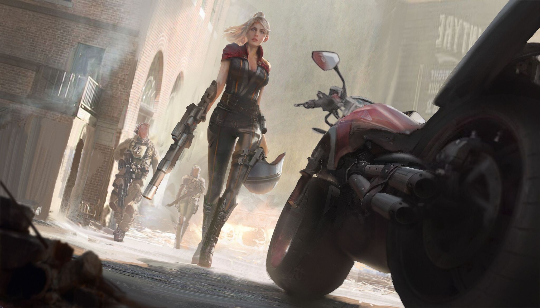 Woman with weapons and motorcycle with soldiers HD Wallpaper
