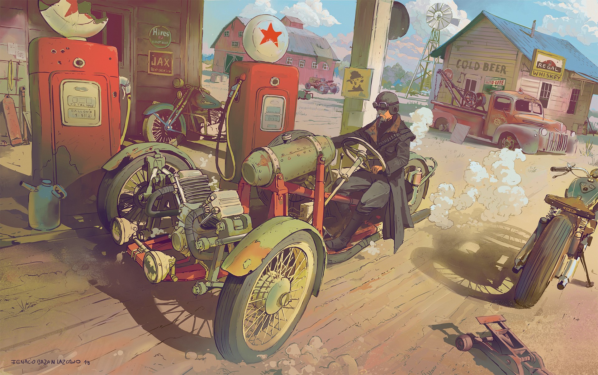 Man in a steampunk vehicle at a retro gas station HD Wallpaper