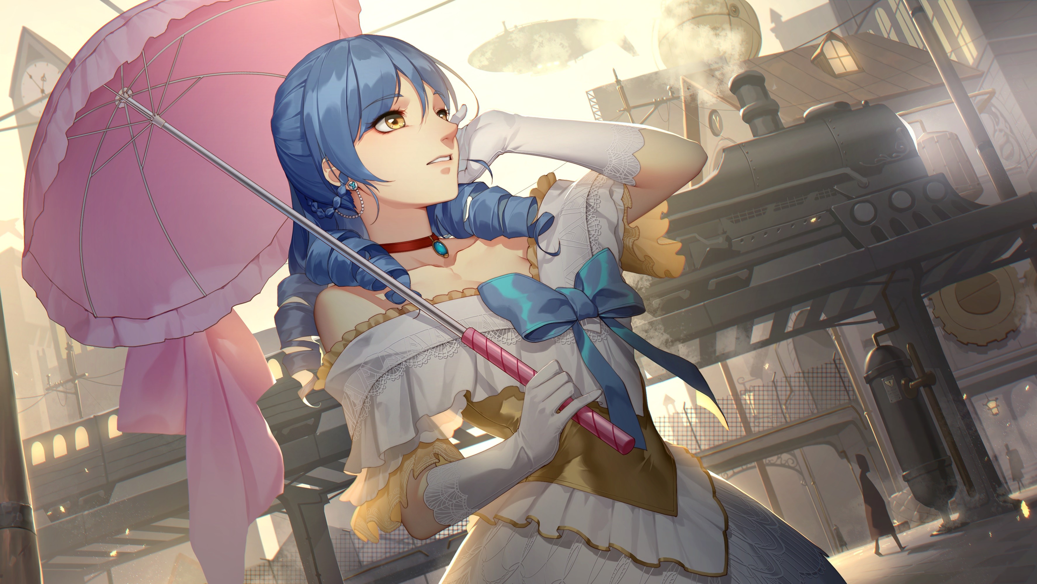 Anime girl with blue hair holding a pink umbrella HD Wallpaper