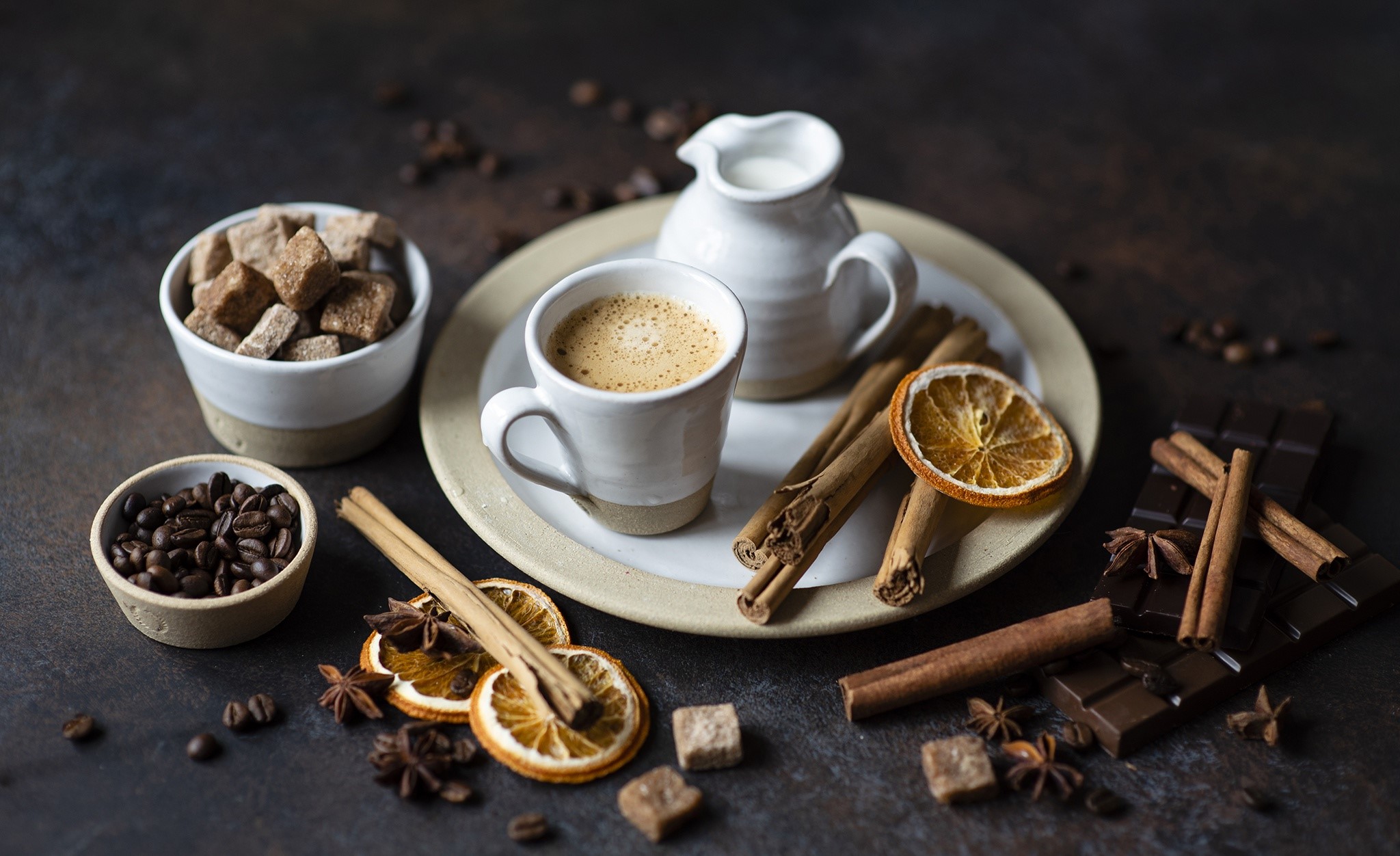 Coffee with chocolate, cinnamon, and sugar cubes HD Wallpaper