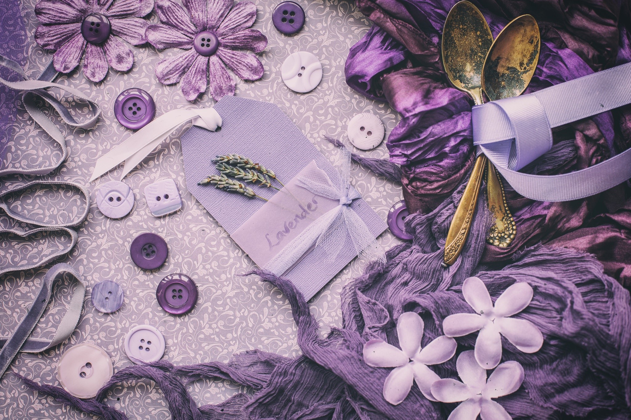 Purple craft supplies with lavender and spoons HD Wallpaper