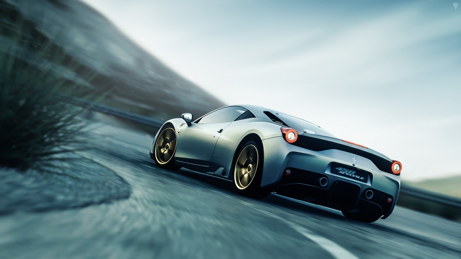 Ferrari 458 Speciale driving on a winding road HD Wallpaper