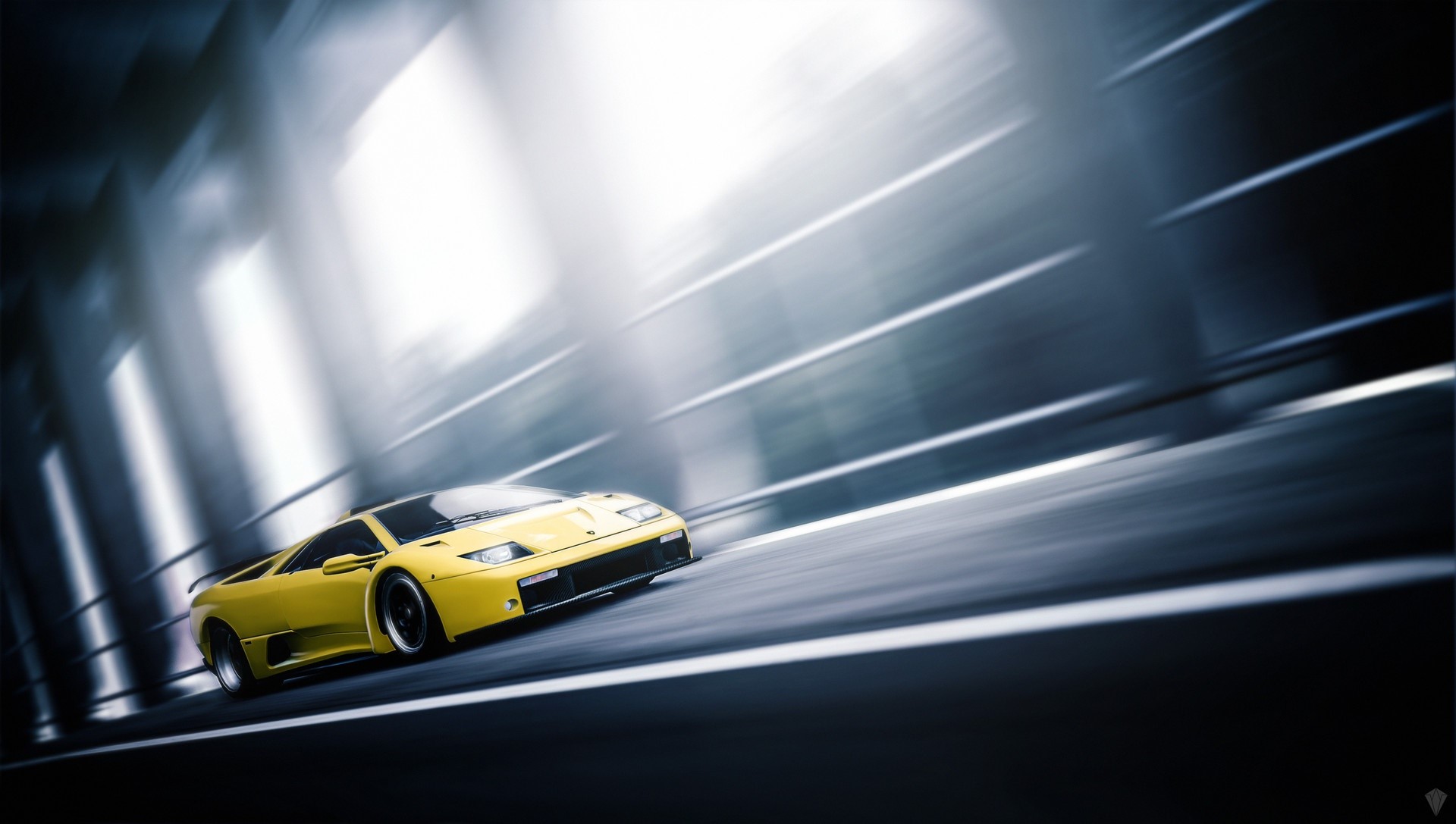 Yellow Lamborghini Diablo driving through a tunnel HD Wallpaper