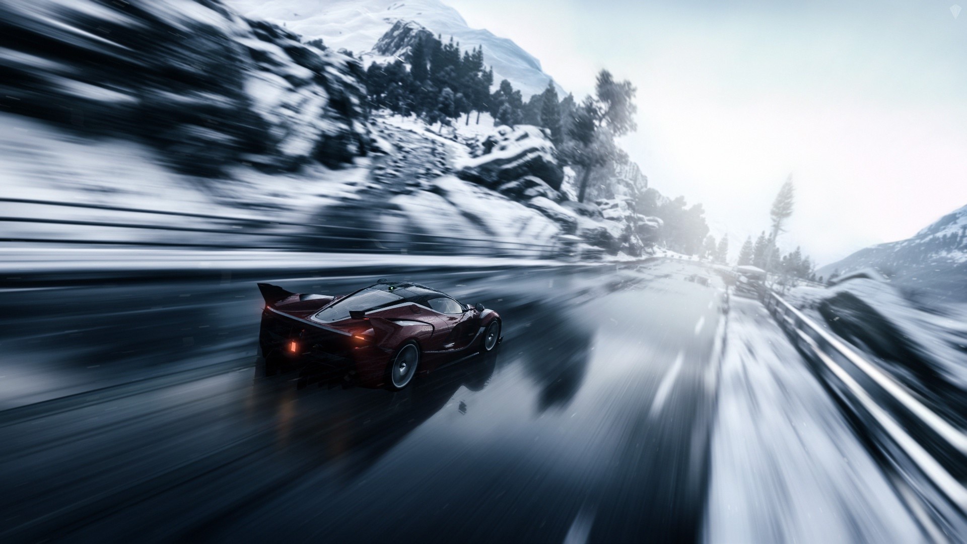 Red sports car driving on a snowy mountain road in Driveclub HD Wallpaper