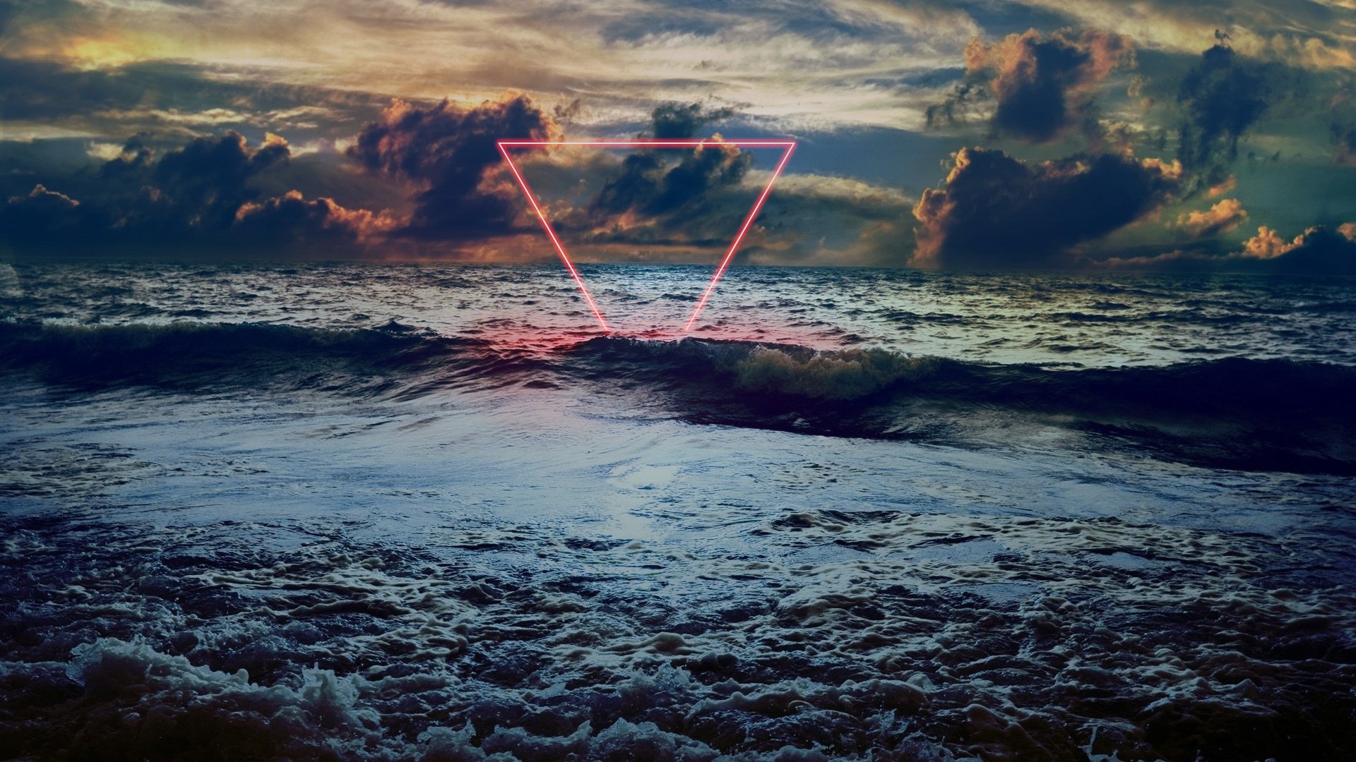 Neon triangle over stormy sea at sunset HD Wallpaper