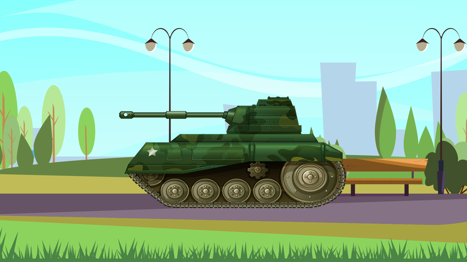 Cartoon tank in a park with trees and buildings HD Wallpaper