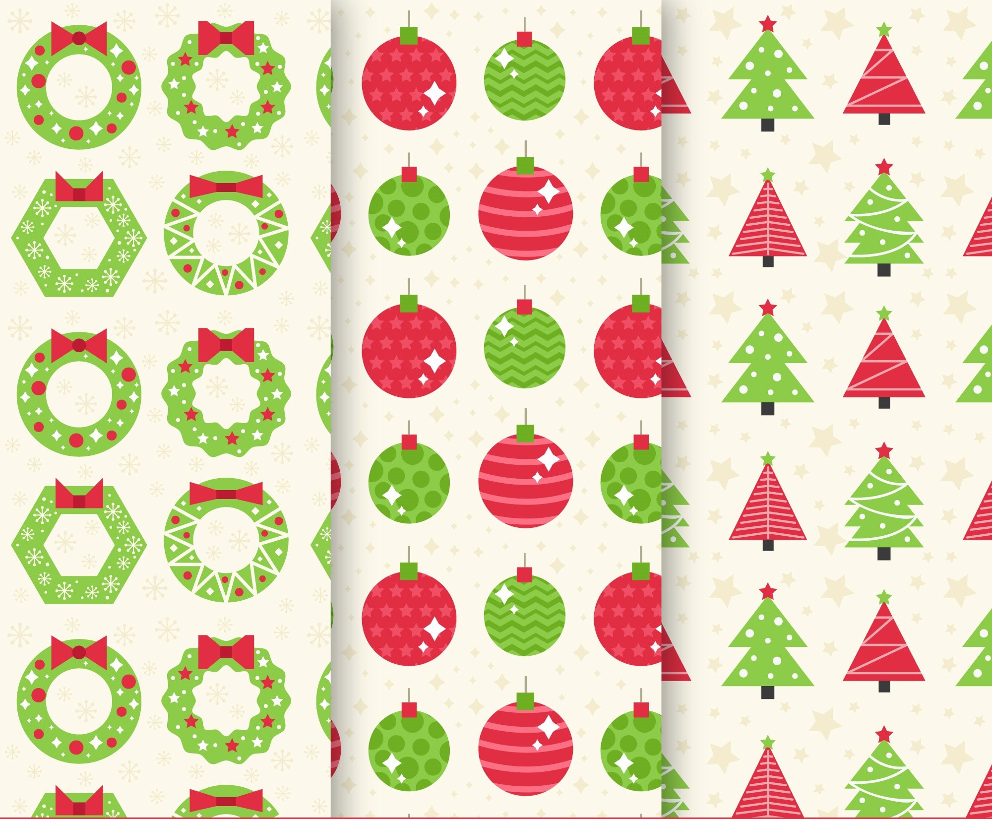 Christmas patterns with wreaths, ornaments, and trees HD Wallpaper