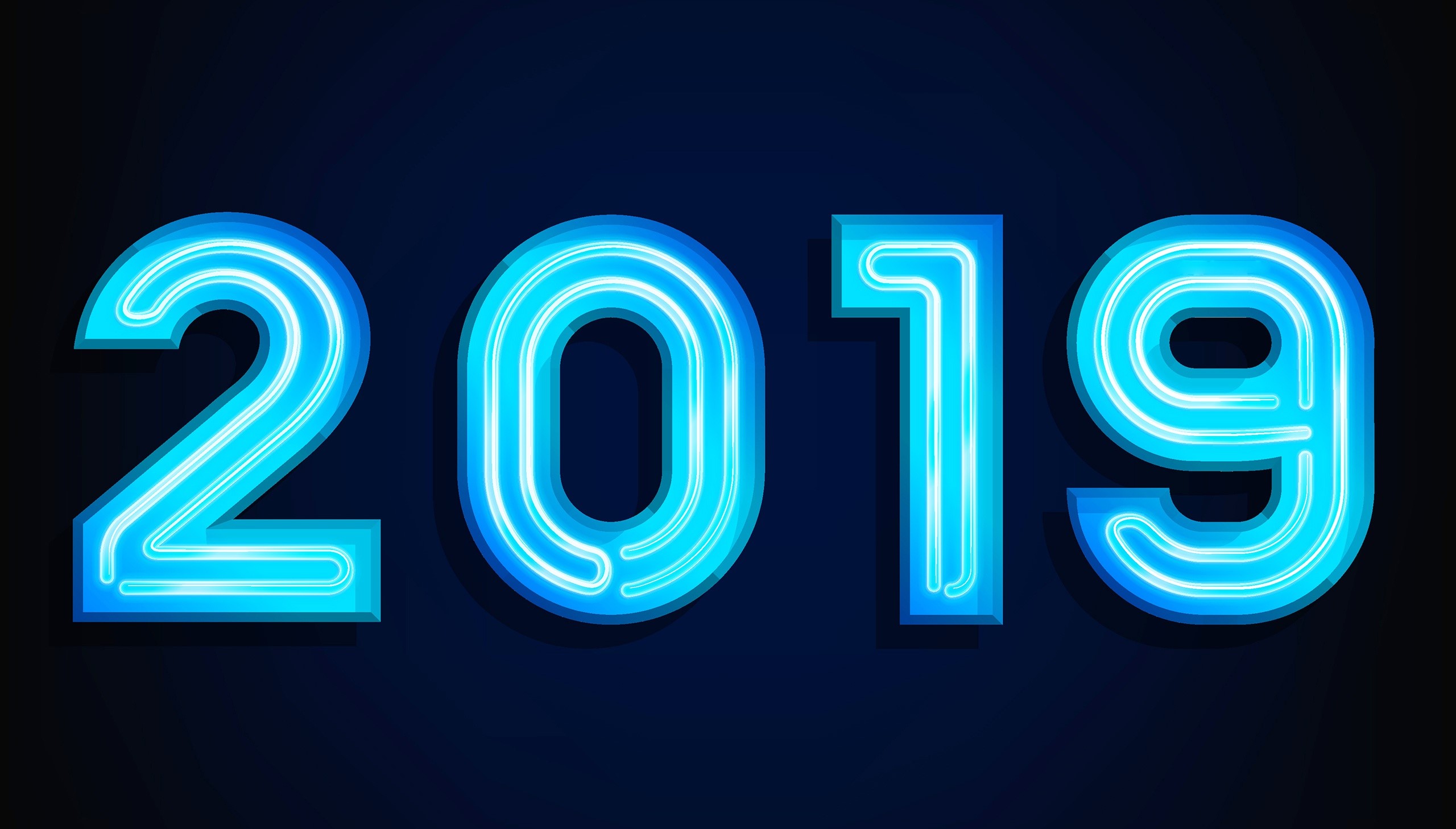 Neon blue numbers 2019 on dark background HD Wallpaper