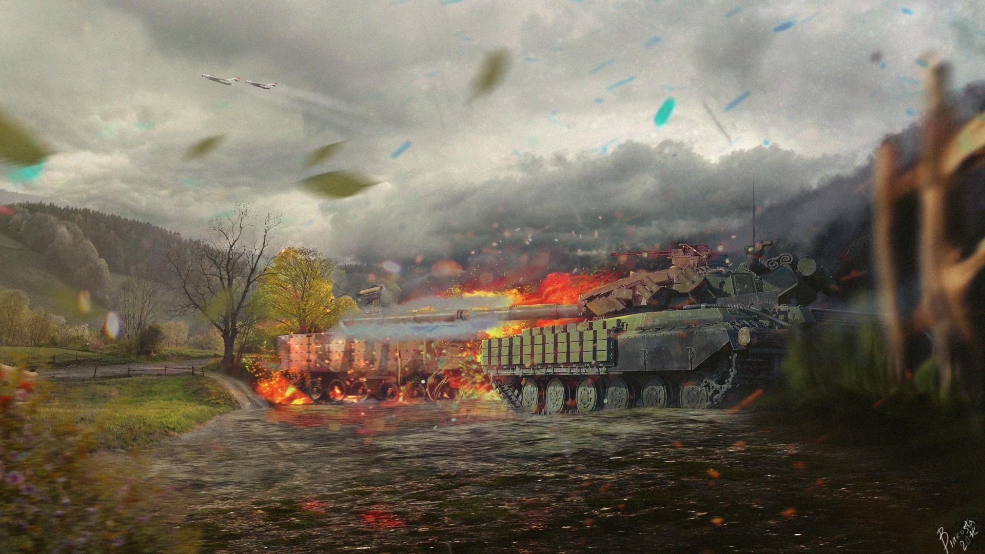 Artwork of tanks in a fiery battlefield with planes overhead HD Wallpaper