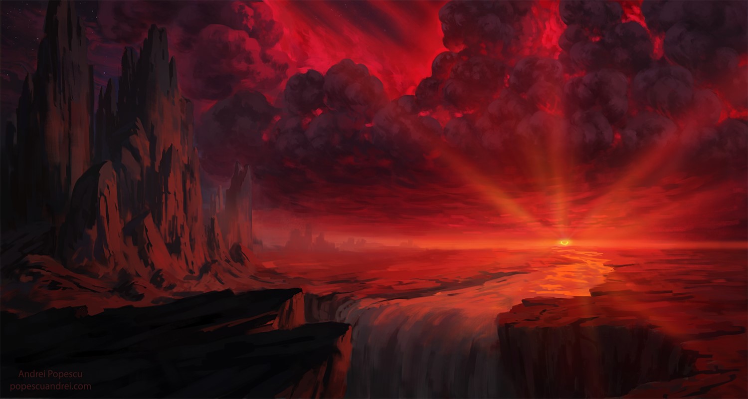 Digital artwork of a dramatic red sunrise over a rocky landscape HD Wallpaper
