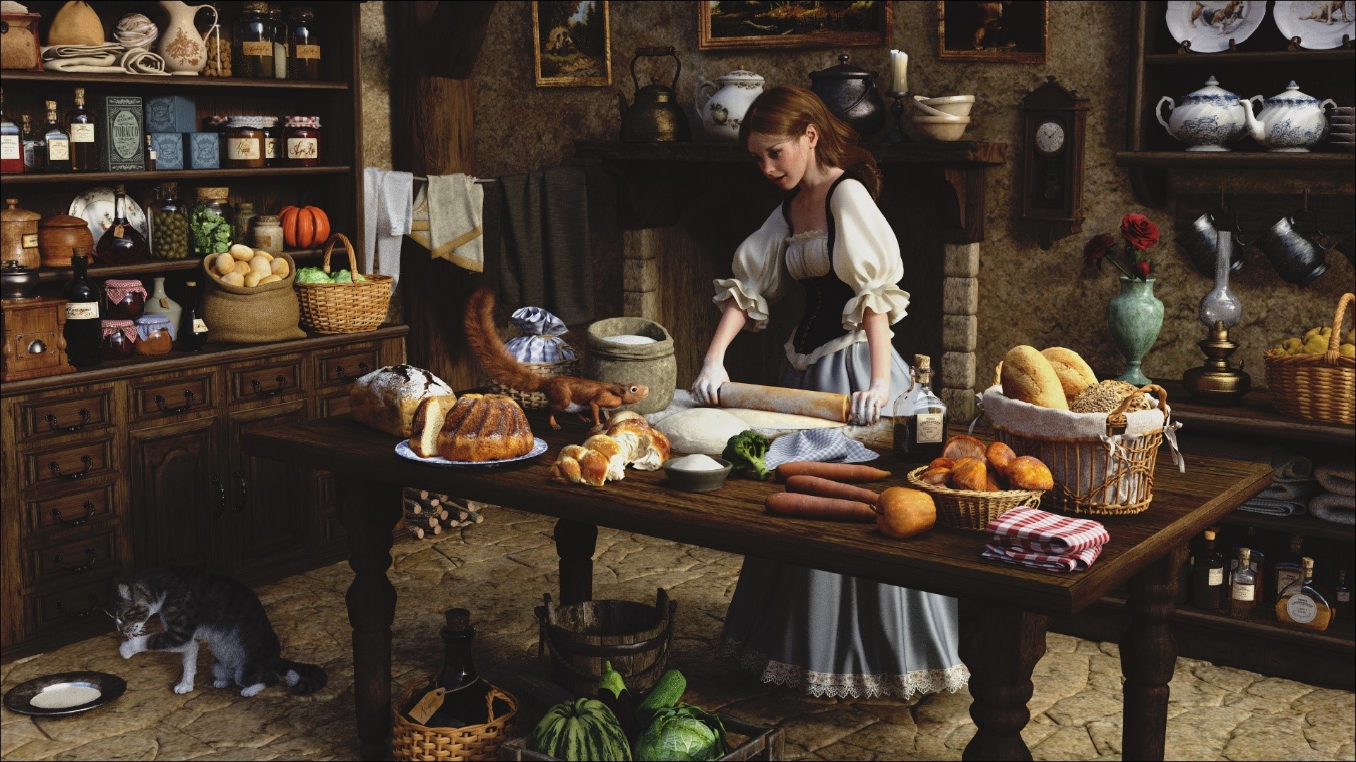 Woman baking in a rustic kitchen with a squirrel HD Wallpaper