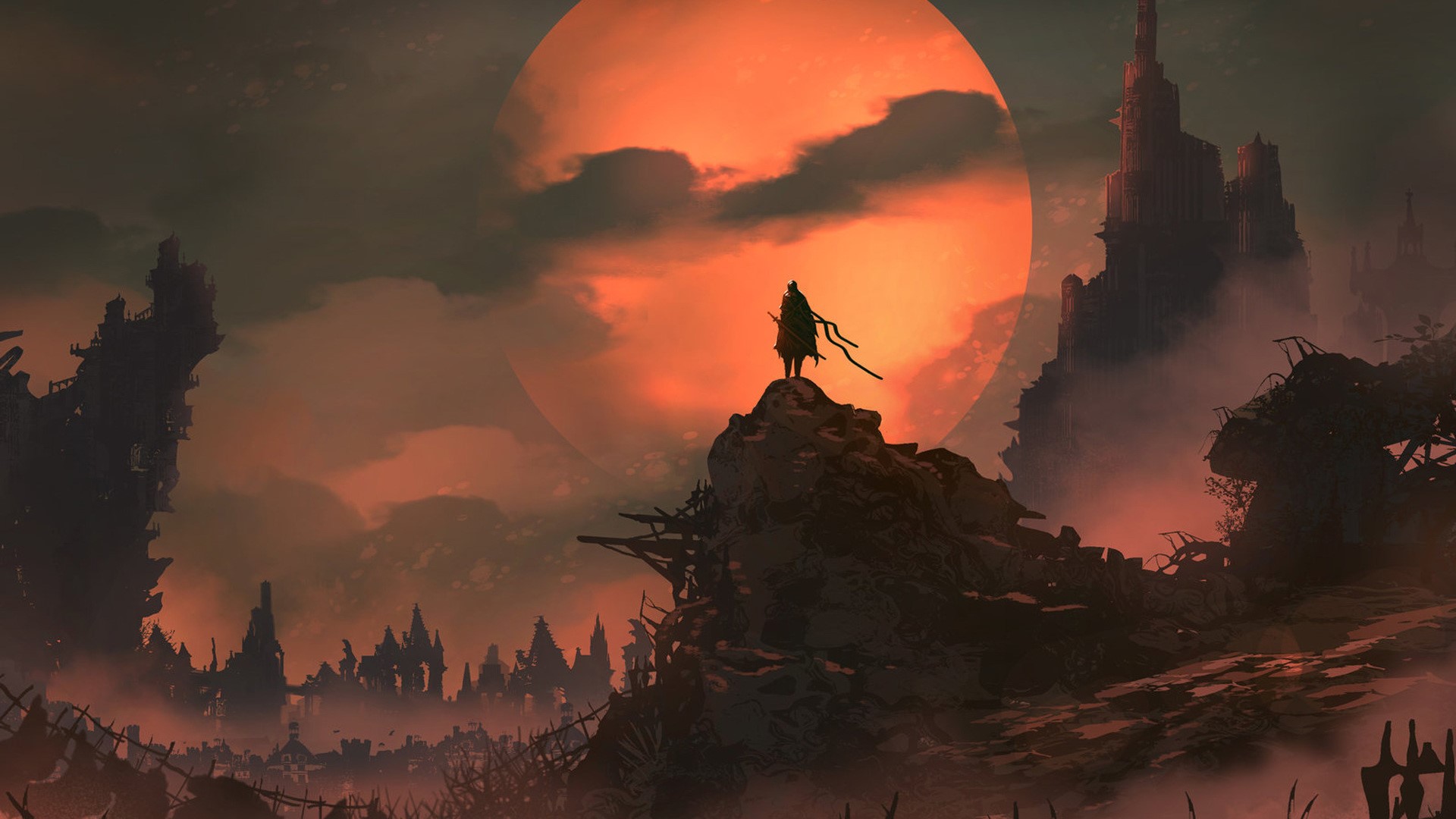 Warrior standing on a rocky outcrop overlooking a ruined city at sunset HD Wallpaper