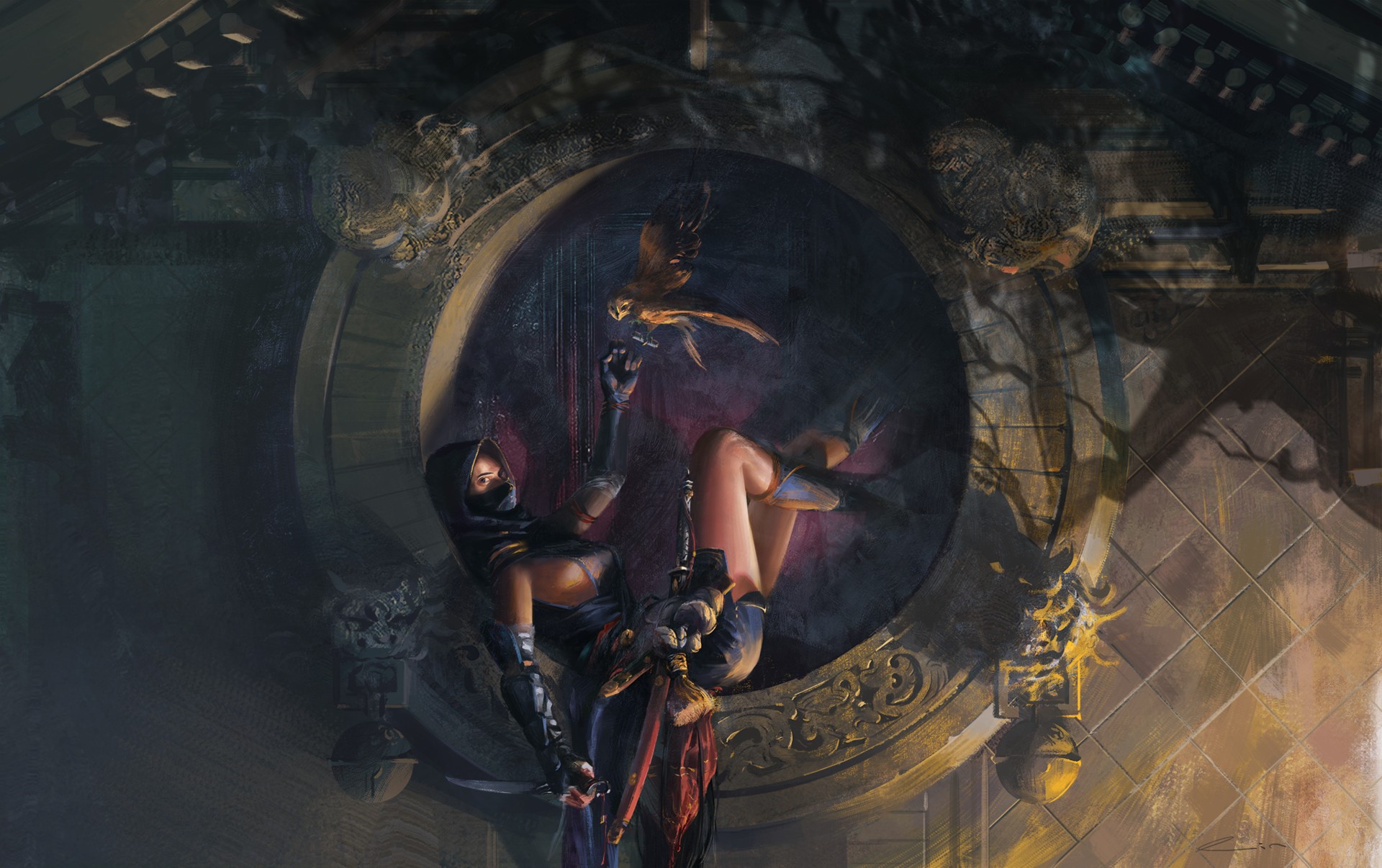 Assassin with a bird and sword HD Wallpaper