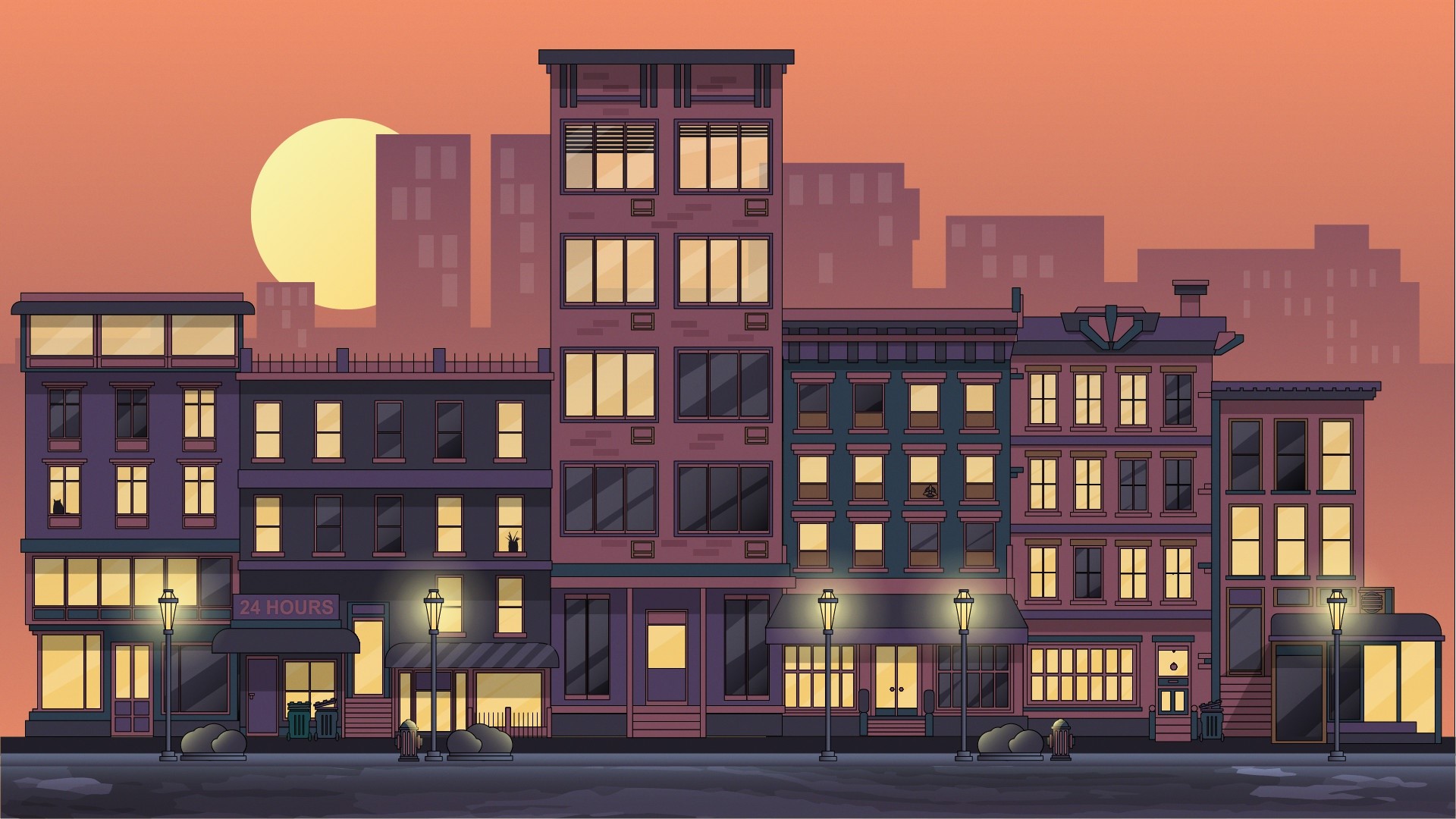 Cityscape at sunset with buildings and sun HD Wallpaper