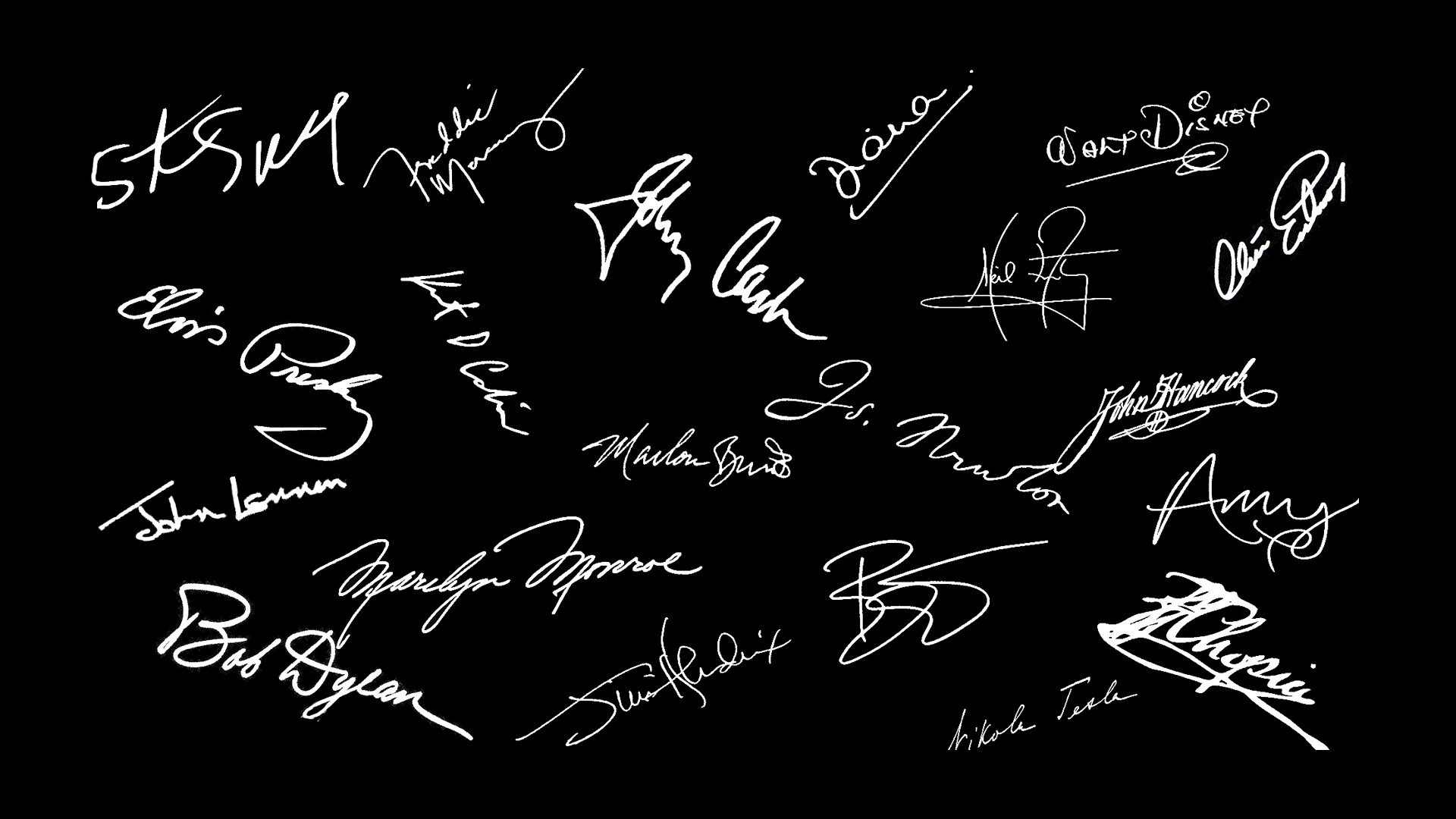 Collection of famous signatures on a black background HD Wallpaper