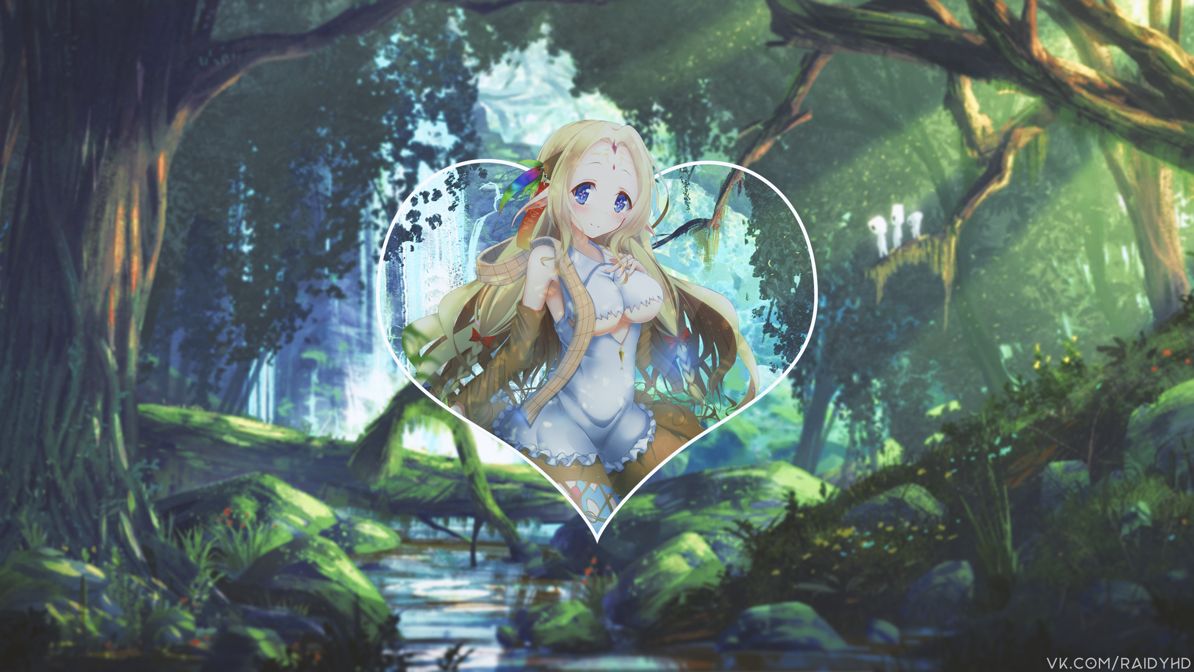 Anime girl in heart frame in forest HD Wallpaper