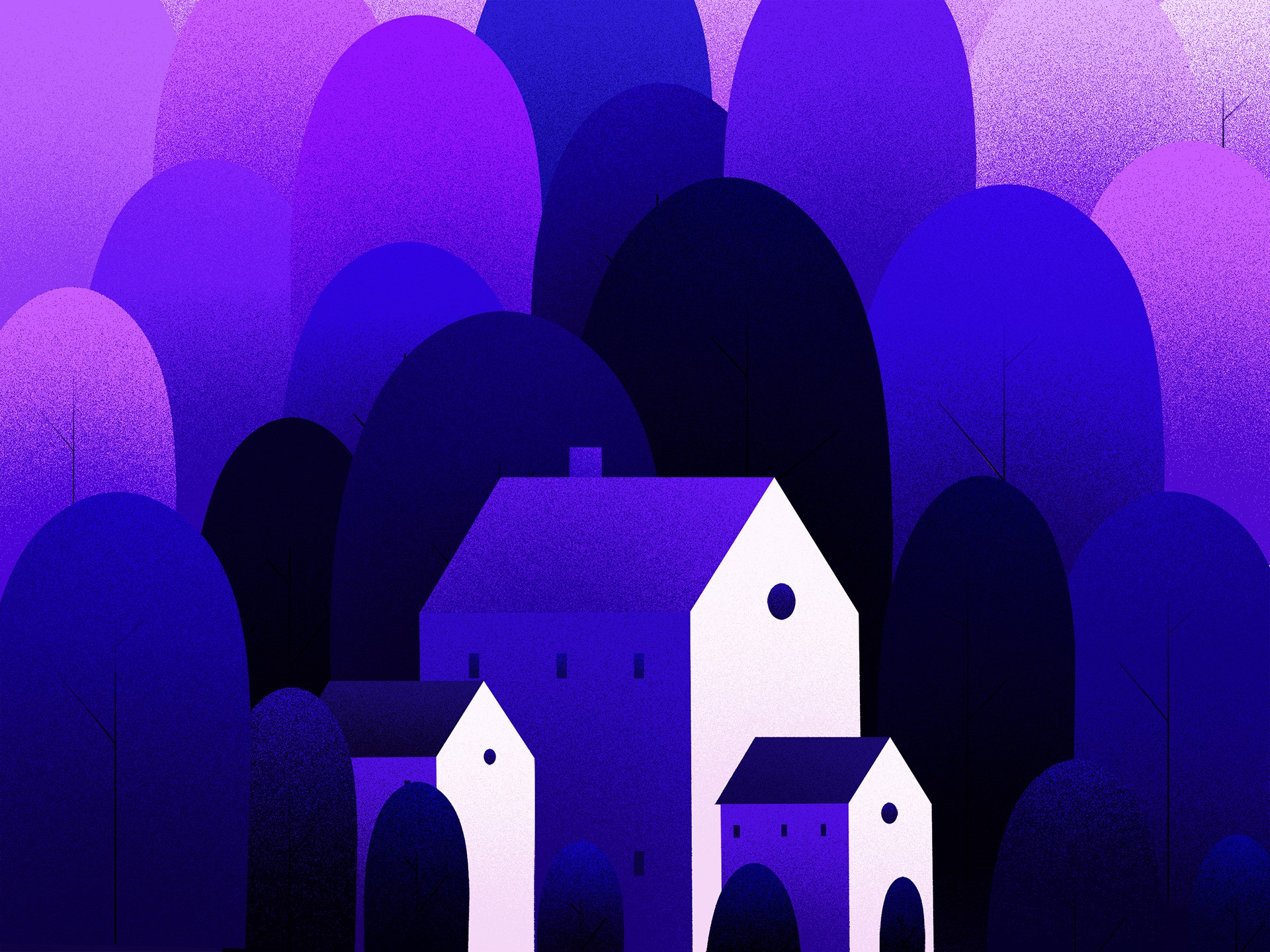 Purple abstract landscape with houses and trees HD Wallpaper