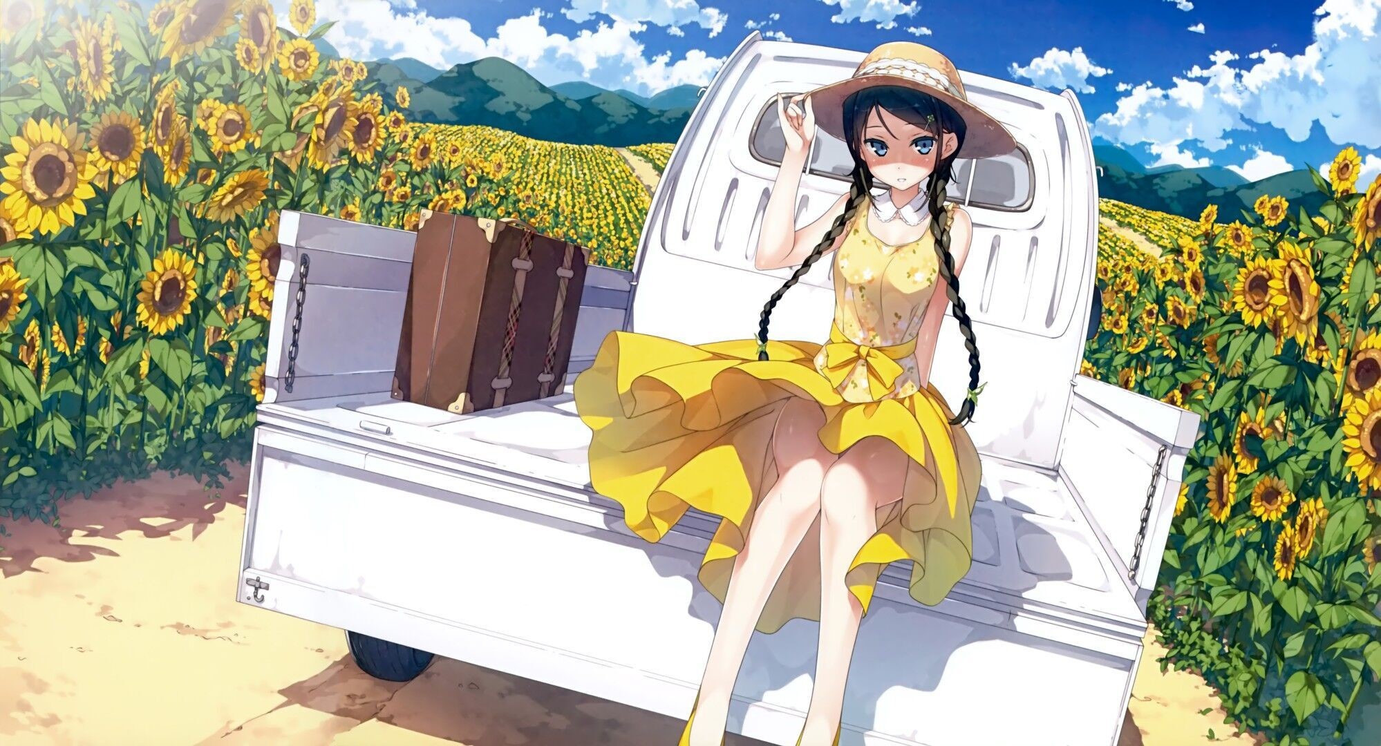Anime girl in yellow dress in sunflower field with truck HD Wallpaper