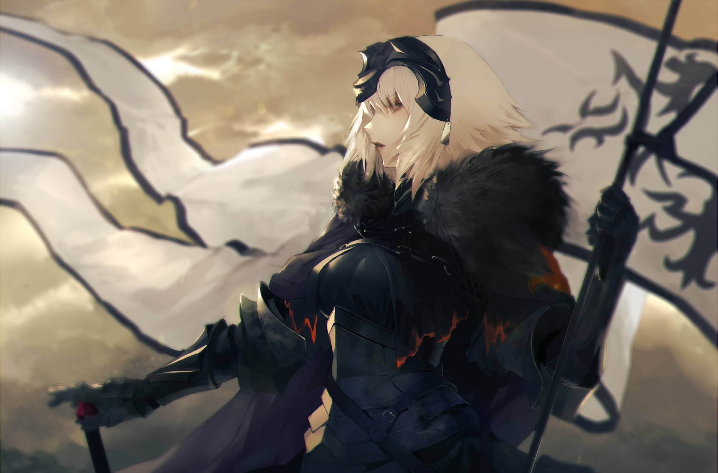 Jeanne d'Arc (Alter) from Fate/Grand Order holding a flag and sword HD Wallpaper