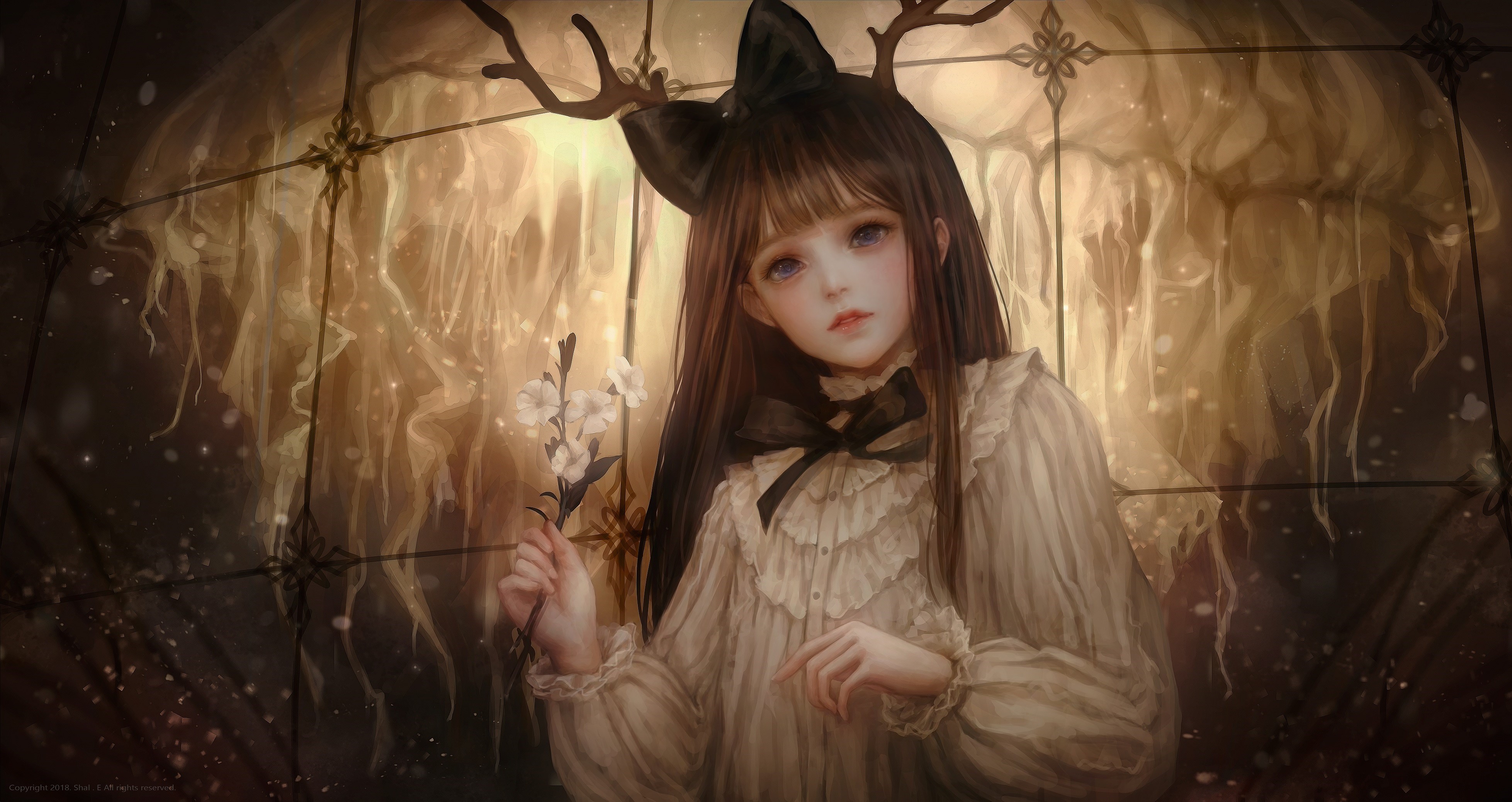 Anime girl with antlers and flowers HD Wallpaper