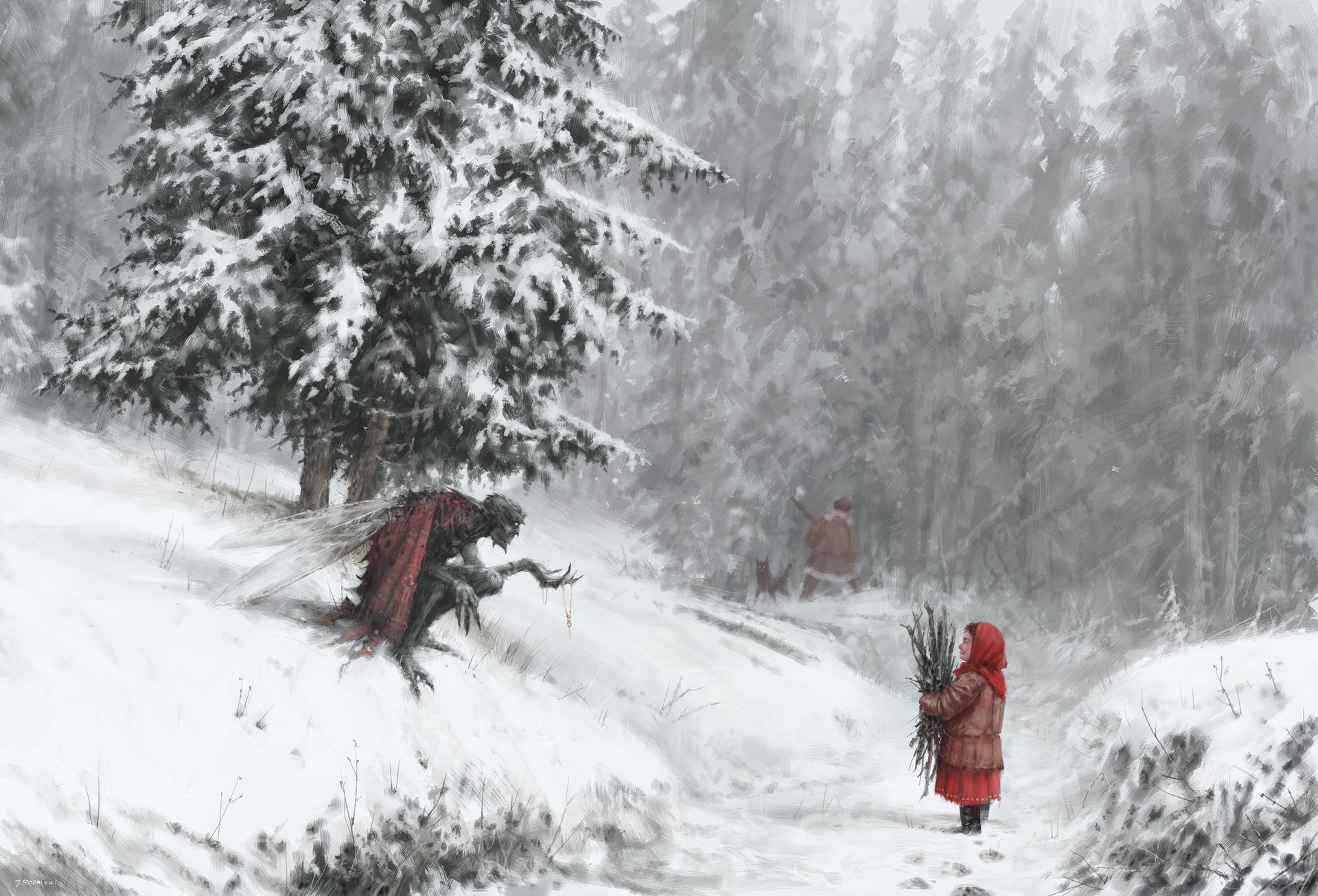 Creature and girl in a snowy forest HD Wallpaper